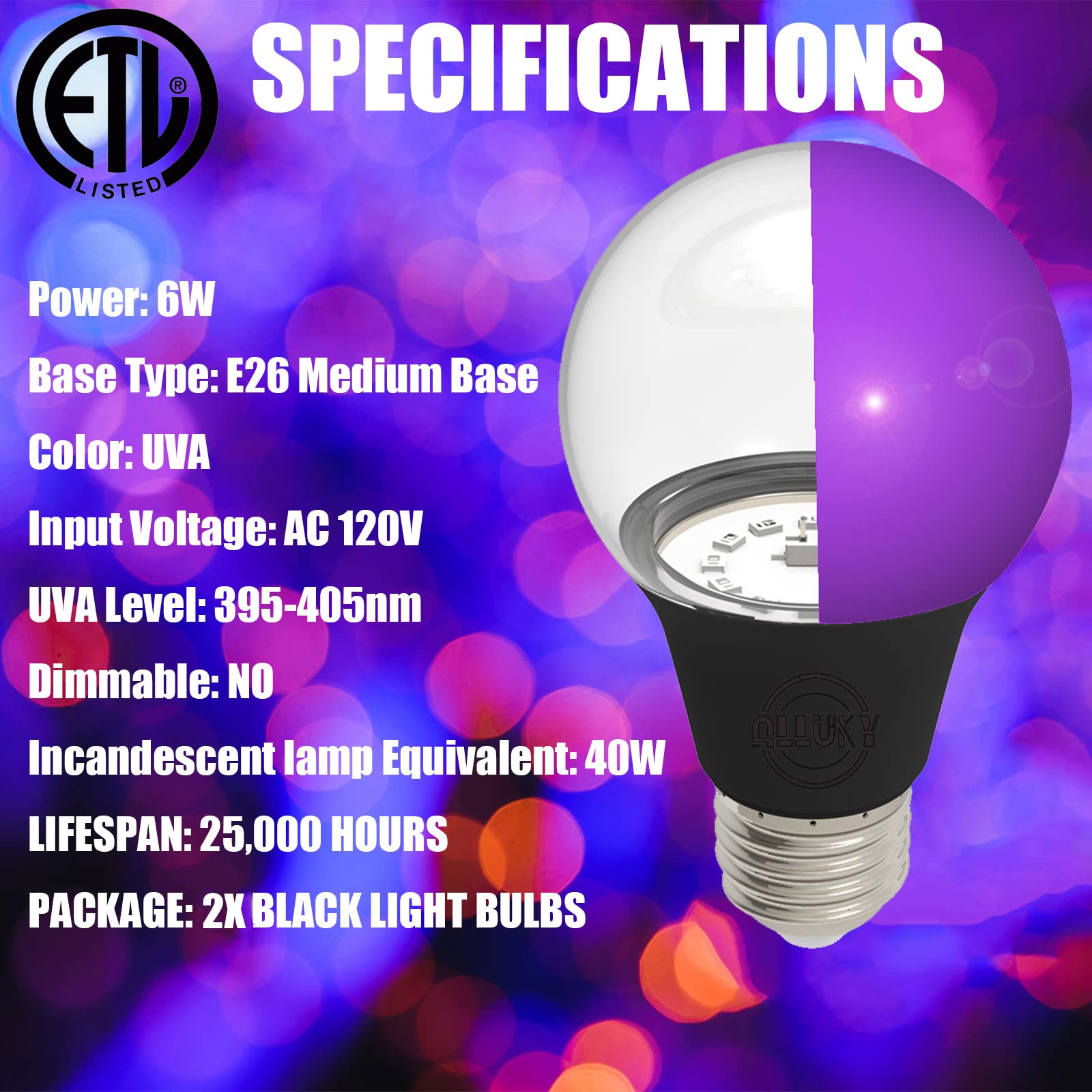 Black Light Bulbs, A19 40 Watt Equivalent E26 Base LED Blacklight, UVA Level 395-405nm, Party Bulb, Glow in The Dark for Body Paints, Neon Glow, Painting, Birthday Party, Halloween, Christmas - 2 Pack