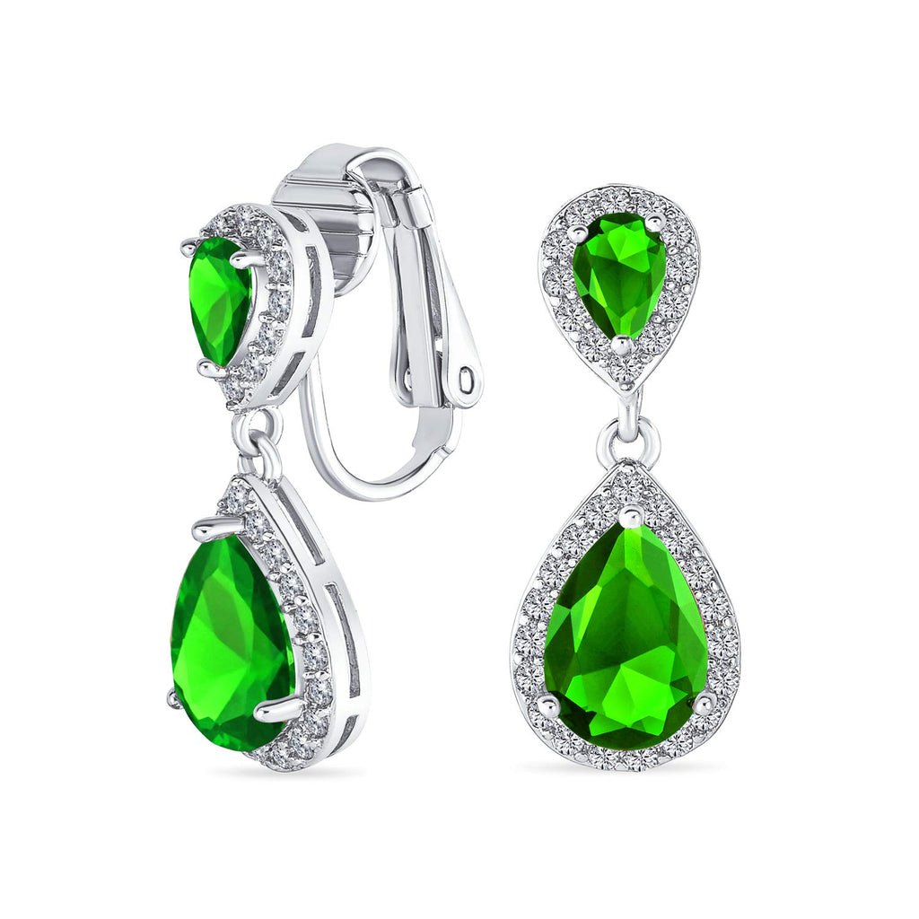 Green Teardrop CZ Halo Prom Drop Statement Chandelier Clip On Earrings Simulated Emerald Cubic Zirconia Silver Plated Brass