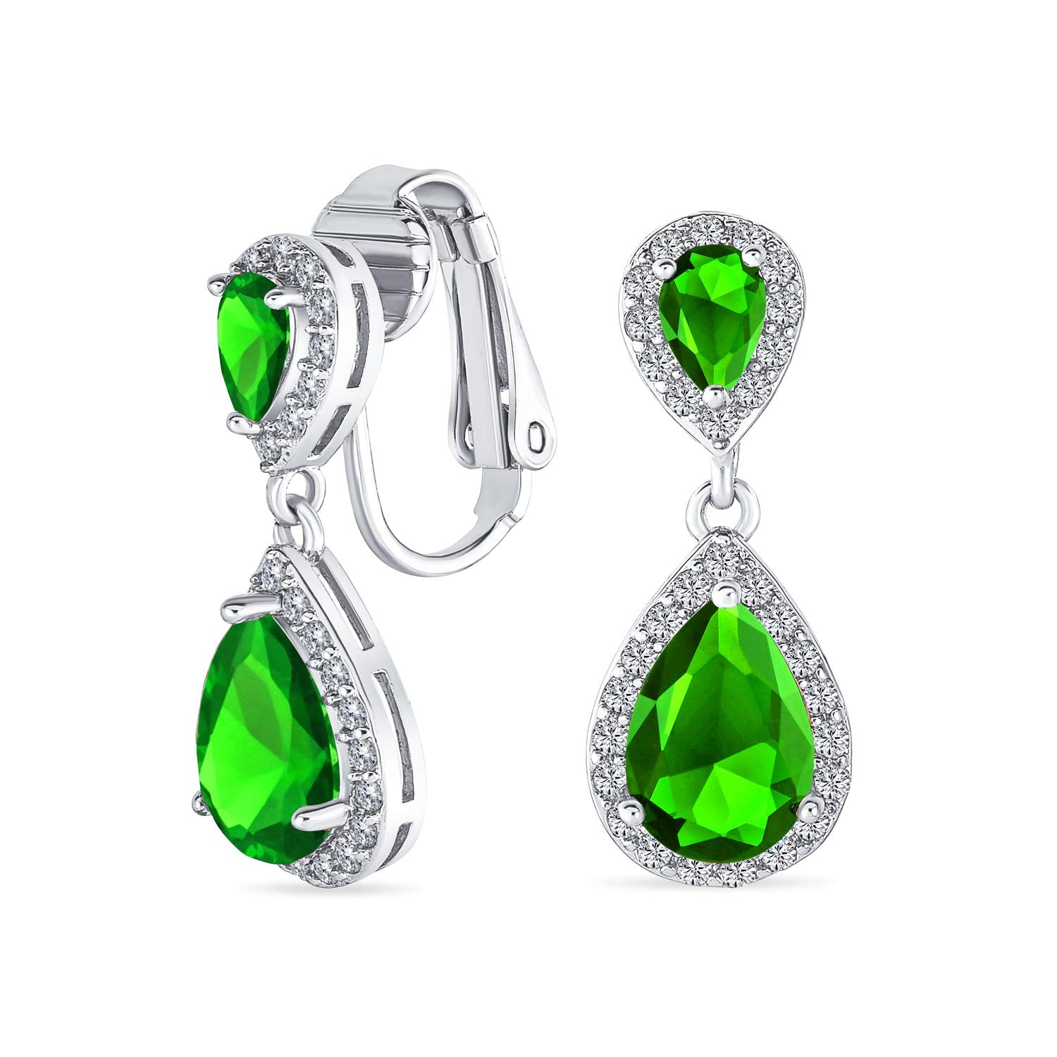 Green Teardrop CZ Halo Prom Drop Statement Chandelier Clip On Earrings Simulated Emerald Cubic Zirconia Silver Plated Brass