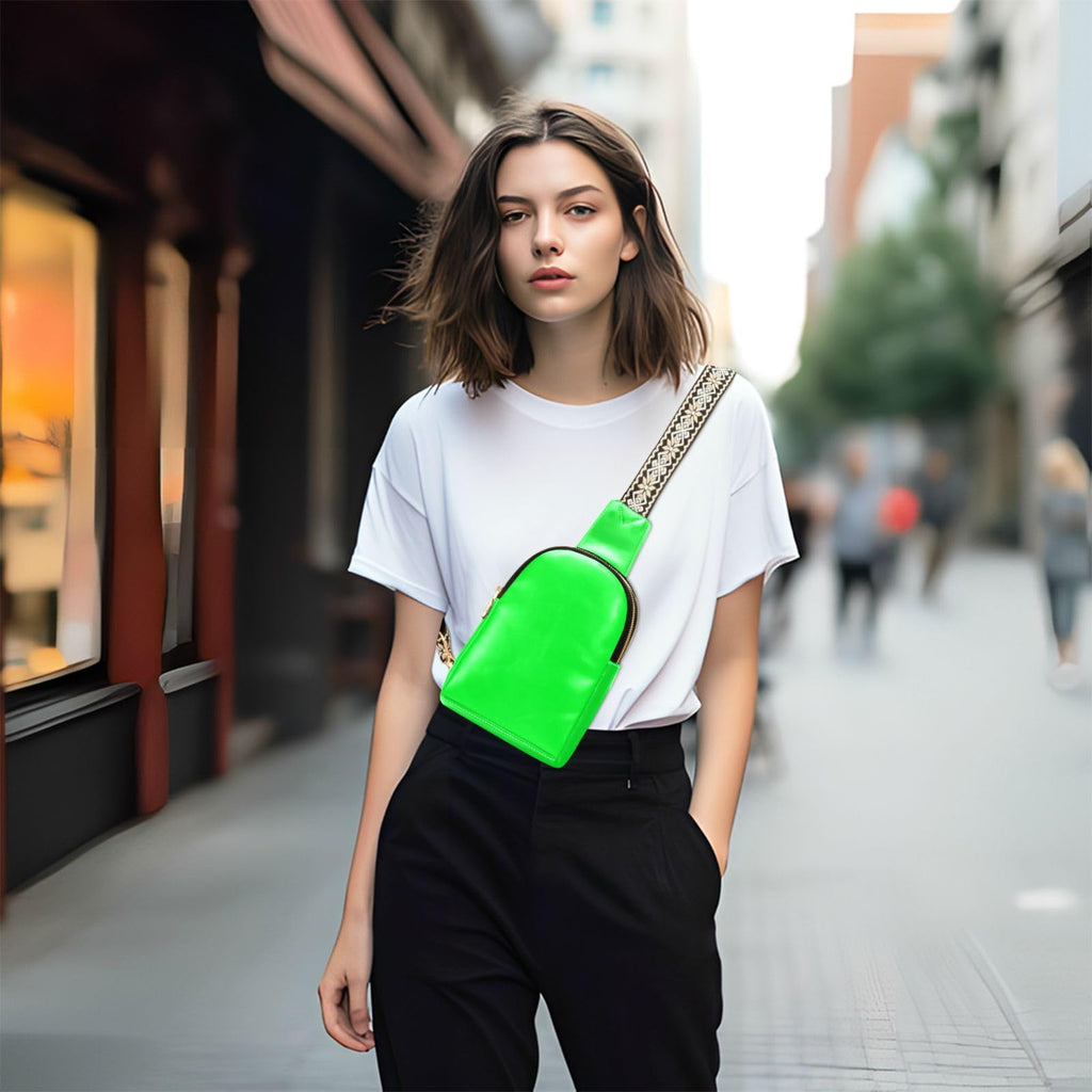 Crossbody Sling Bag for Women Men Leather Chest Bags Purse Adjustable Cross Body Daypack for Running Hiking Cycling, Neon Green, Crossbody