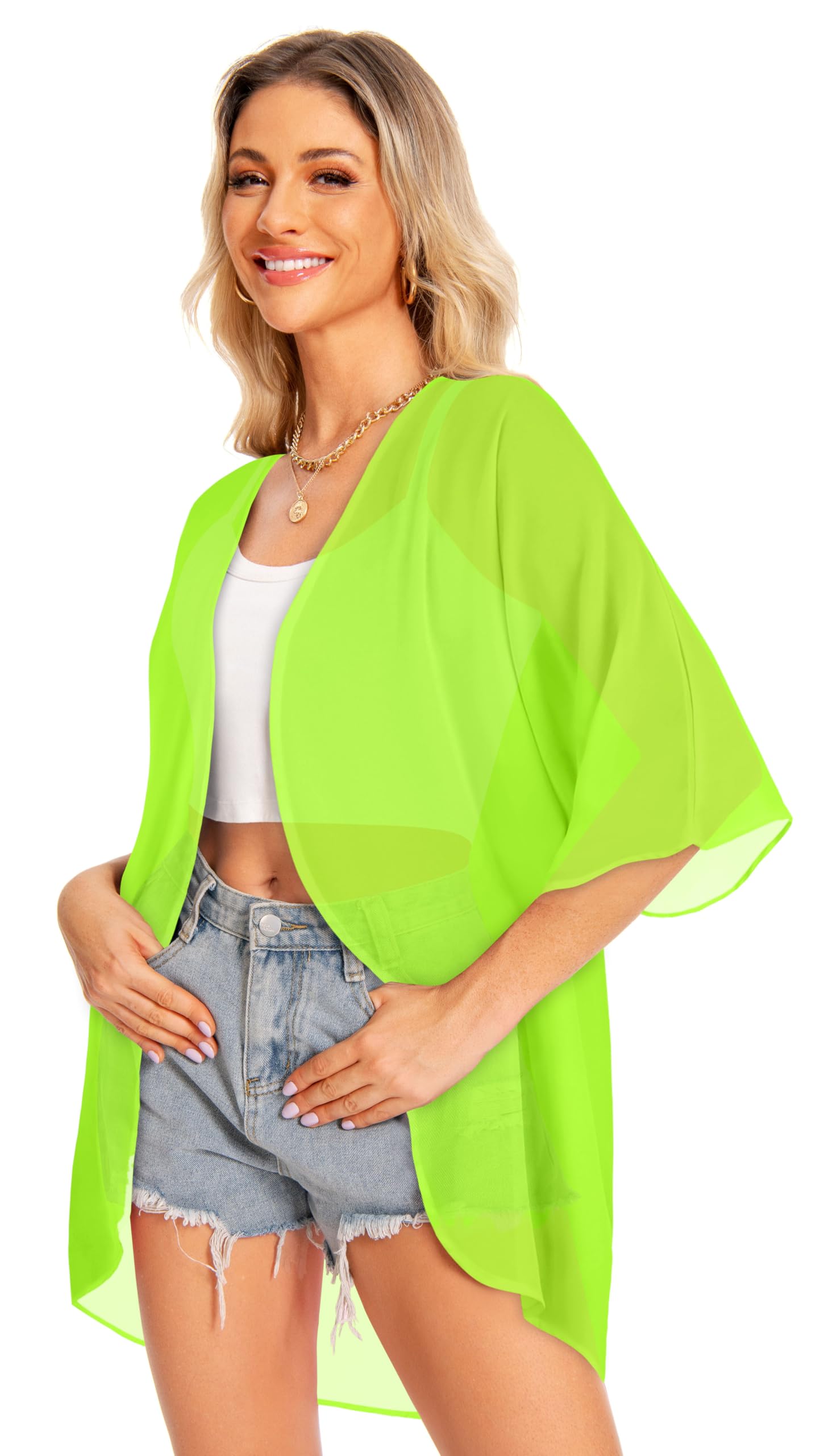 Women's Tops Summer Kimono Cardigan Floral Print Puff Sleeve Swimsuit Cover Up Casual Loose Fit Blouse (A-soild Neon Green,L)