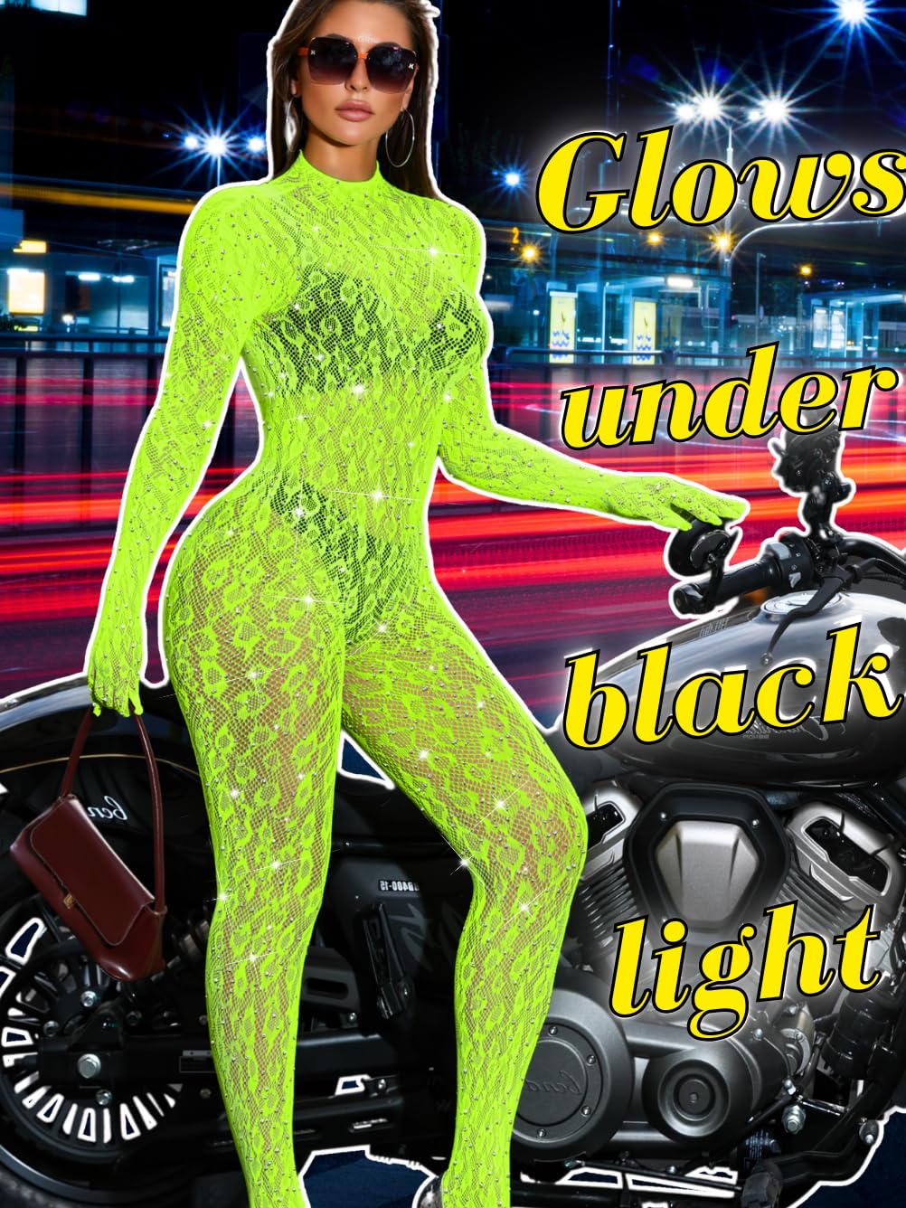 EHSUYAB Women Sexy Lace Jumpsuit, Leopard Fishnet Bodysuit Dancer Glow Rave Outfits, One Piece Mesh Full Rhinestone Lingerie, Neon Green, One Size
