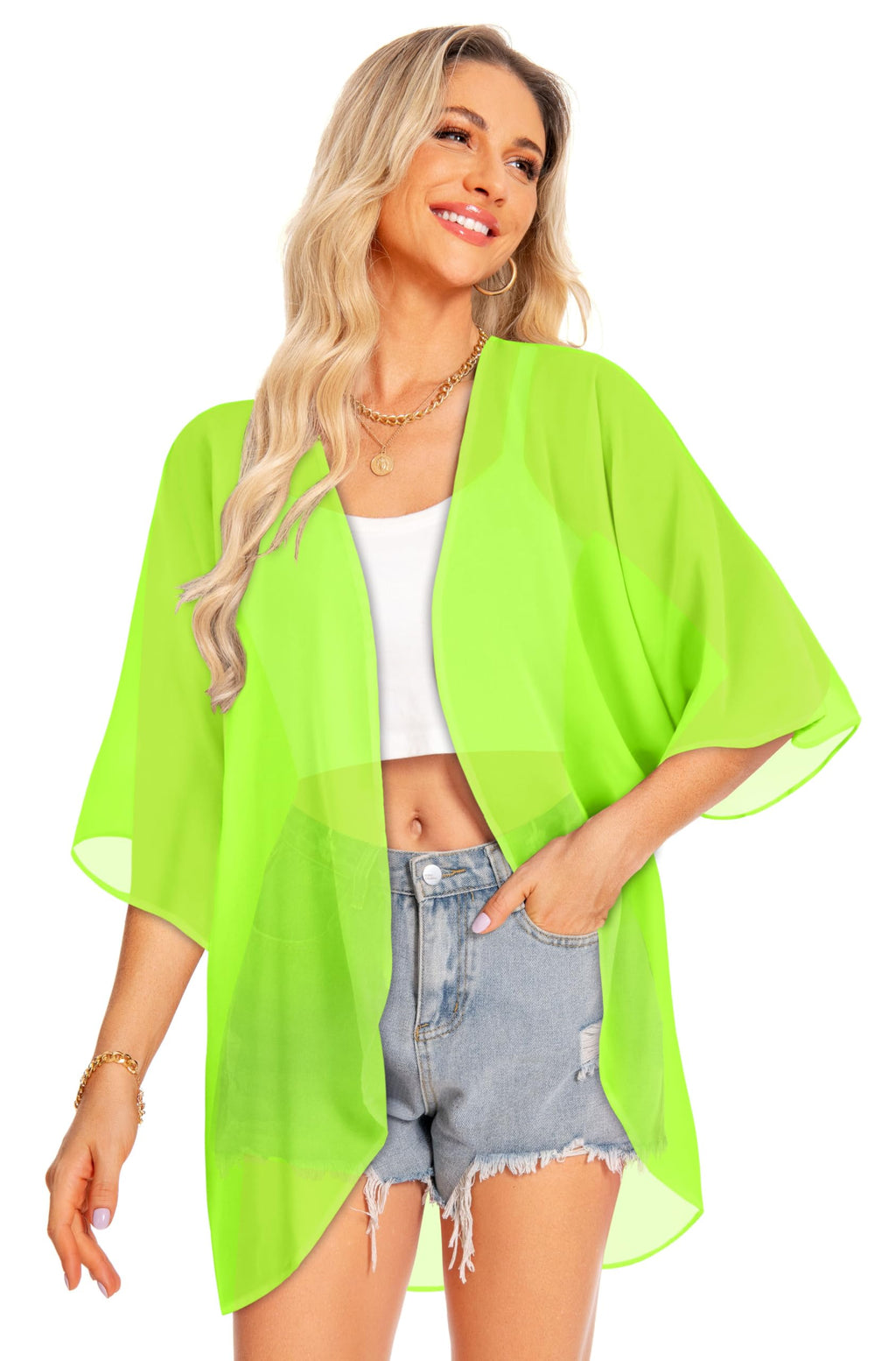 Women's Tops Summer Kimono Cardigan Floral Print Puff Sleeve Swimsuit Cover Up Casual Loose Fit Blouse (A-soild Neon Green,L)