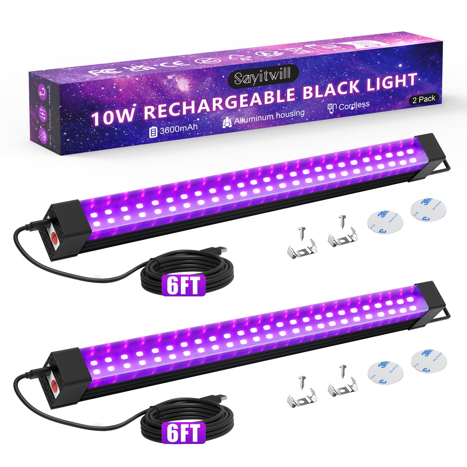 Rechargeable Black Light Bar 2 Packs, Battery Powered Black Lights for Glow Party, Cordless UV Strip Lights with On/Off/Dimma/Flash Switch, for Classroom Fishing,Paint, Poster,Stage