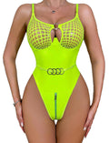 Myilewjt Leather Lingerie Bodysuit For Women Sexy Wet Look Clubwear Shiny Body Suit Underwire Fishnet Nightout With Zipper, Neon Green, XX-Large