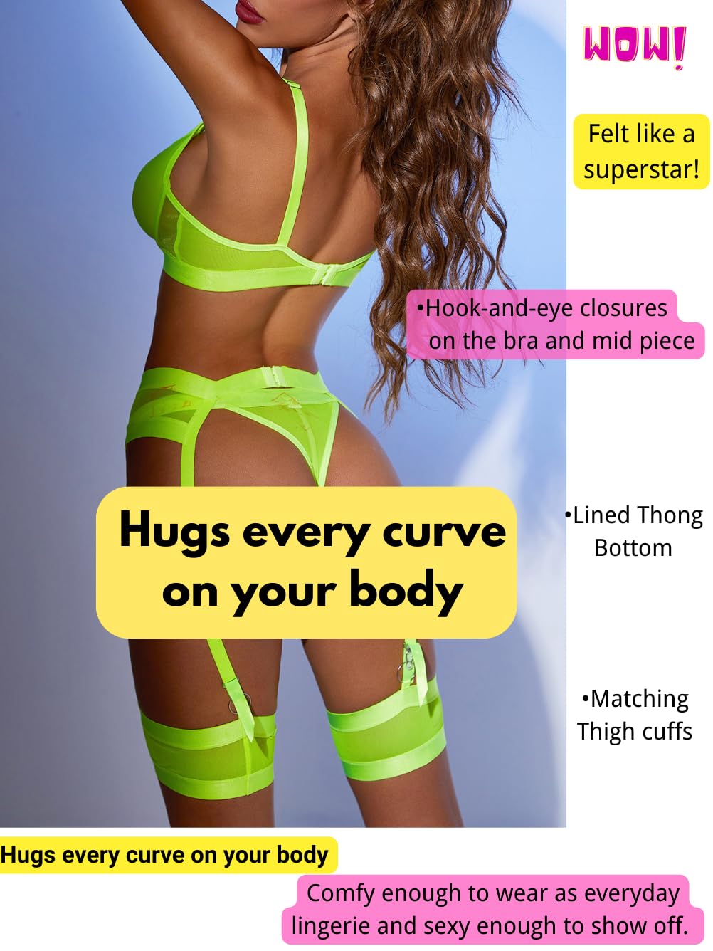 Kaei&Shi Garter Belt Thong Lingerie for Women,Strappy Hollow Out Sexy Lingerie,Underwire Mesh Sheer Matching 4 Piece Lingerie Set Boudoir Neon Green Large