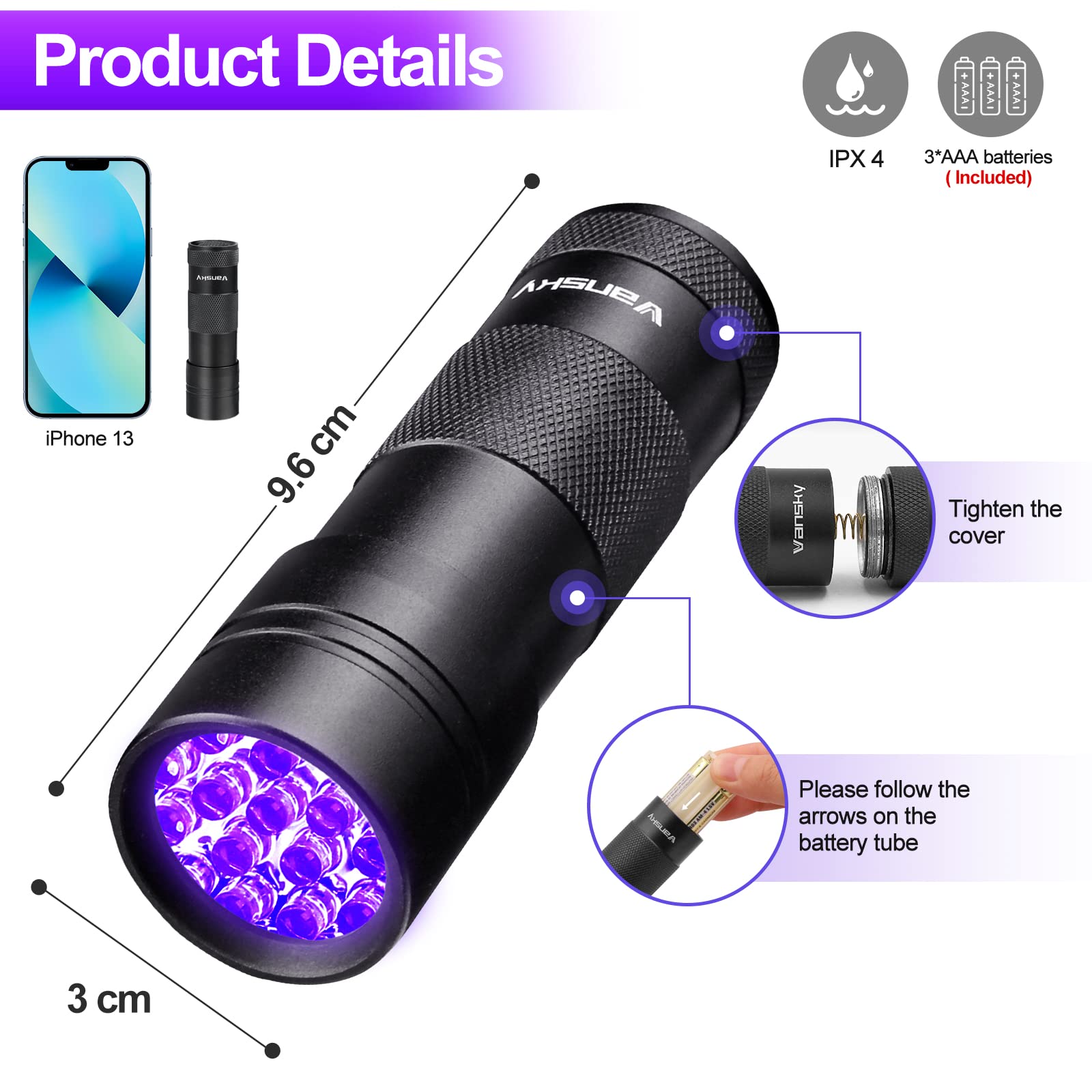 Vansky 12 LED UV Blacklight Flashlight, Pets Ultra Violet Urine and Stain Detector Fluorescent Whitening Agents Detector, Find Dry Stains on Carpets, Rugs, Floor (3 x AAA Batteries Included)
