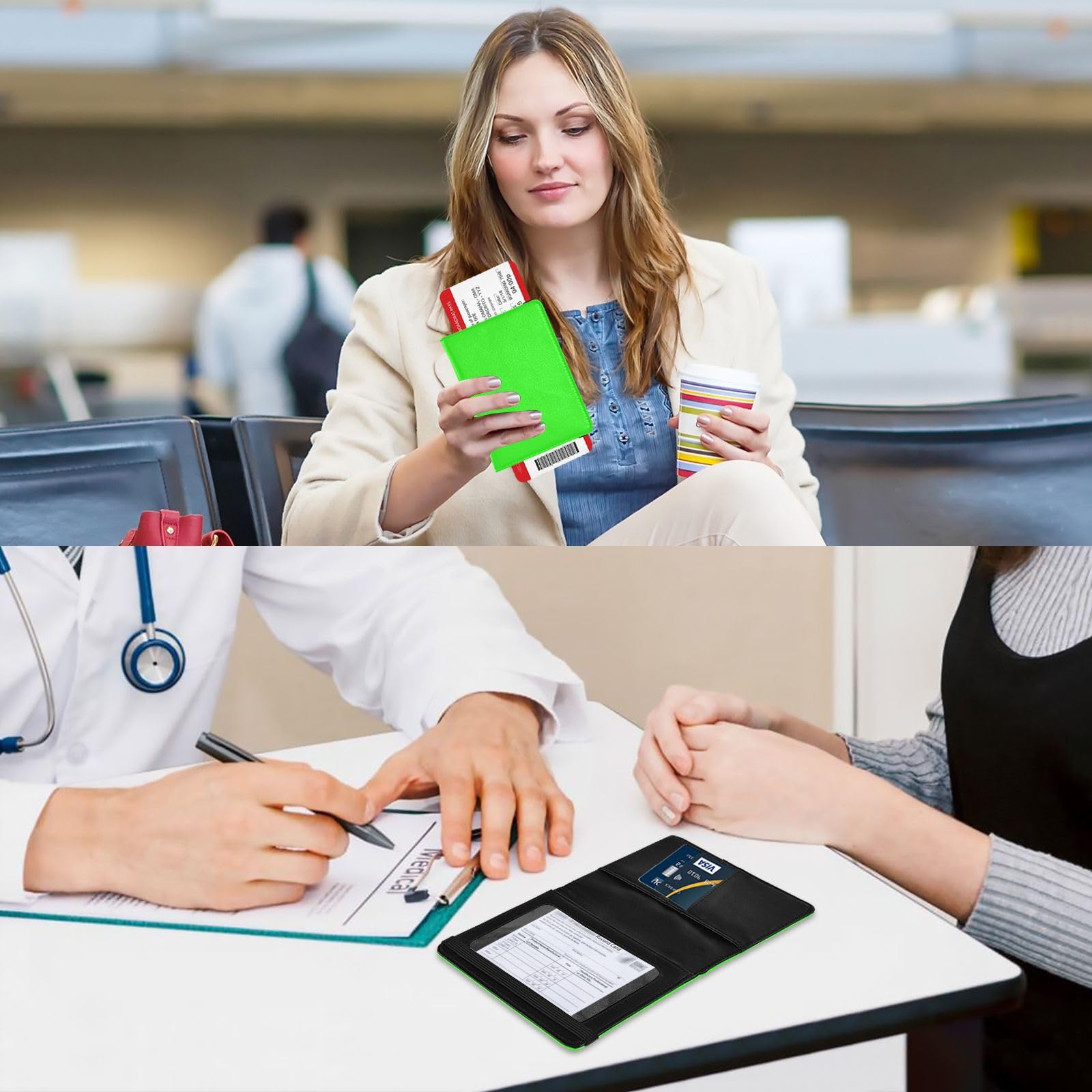 Periwinkle Leather Passport and Vaccine Card Wallet Combo Travel Documents Organizer Protector Passport Cover Holder Wallet Case for Men and Women Waterproof, Neon Green, 1 size, Modern