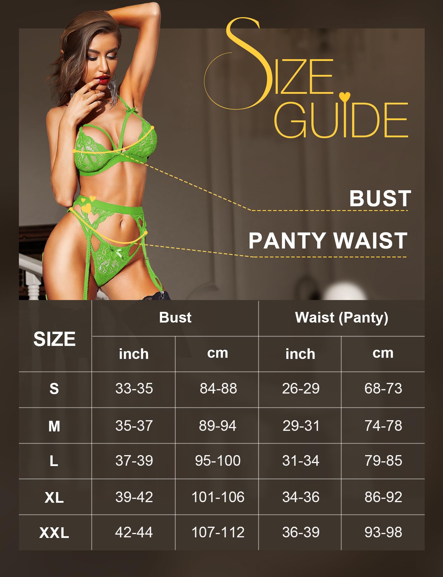 RSLOVE Garter Lingerie for Women Sexy Lingerie Sets Lace Bra and Panty 3 Pieces Babydoll Neon Green S