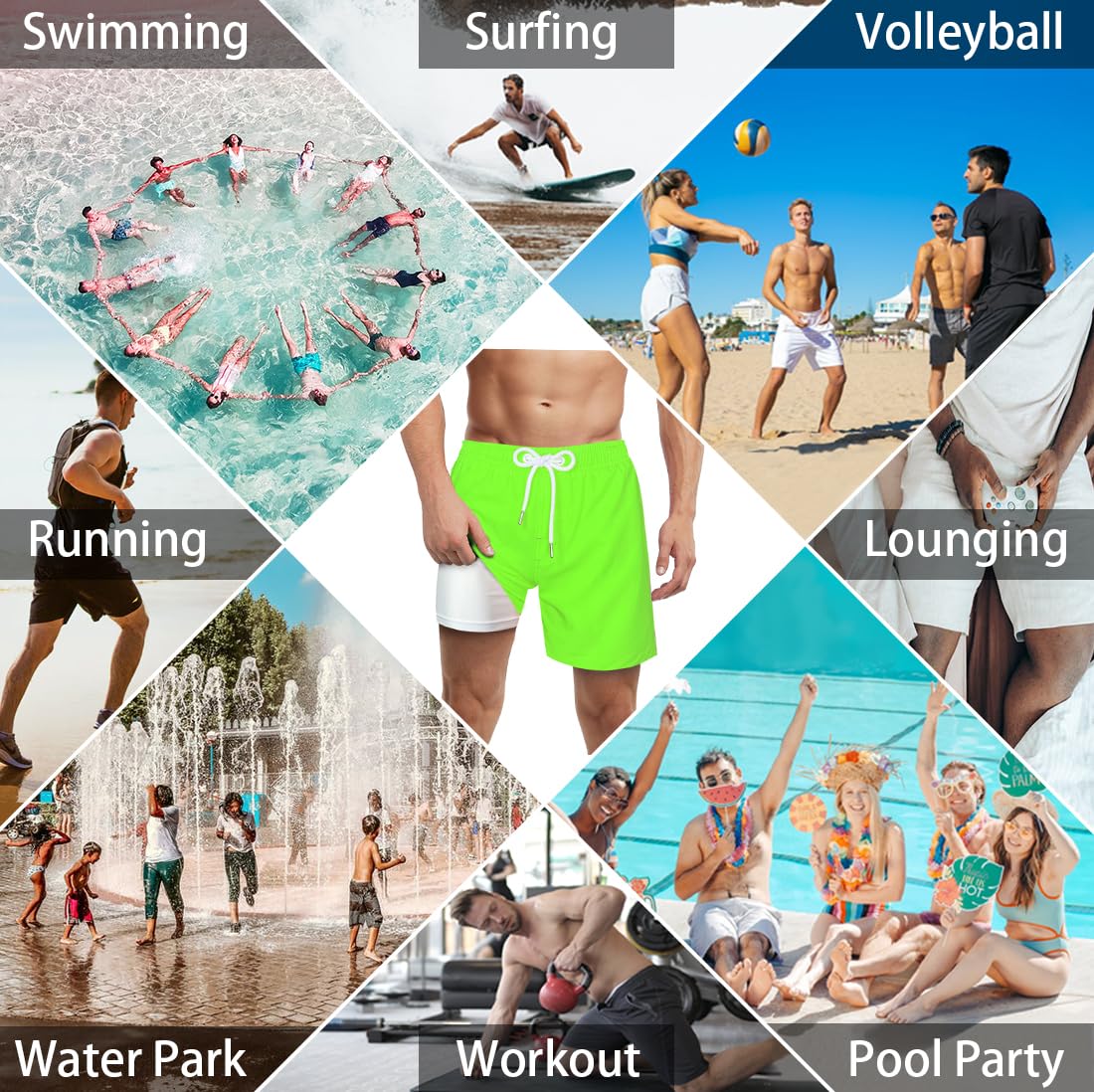 LUCOWEE Mens Swimming Trunks with Compression Liner no Chafe Soft Lined Swim Trunks Quick Dry UPF 50+ Stretchy 7 inch Inseam Bathing Suit Shorts Neon Green Small