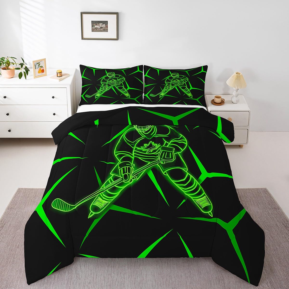 Manfei Ice Hockey Player Kids Comforter Set Toddler Size,Neon Geometric Triangles Lines Bedding Set,Boys Girls Room Decor,Winter Sports Gaming Down Comforter,Green Black Duvet Insert,1 Pillowcase