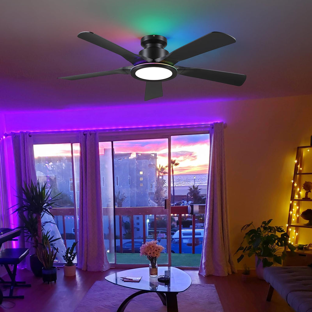 Ceiling Fans with Lights and Remote/APP Control, 52" Low Profile Flush Mount Ceiling Fan with RGB Ring Light & Dimmable, 5 Reversible Curved Blades 3 CCT 6 Speeds for Bedroom Living Room Party, Black