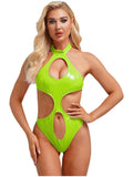 LiiYii Womens Wet Look PVC Leather Bodysuits One Piece Halter Neck Backless Teddy Catsuits Leotard Tops Fluorescent Green X-Large