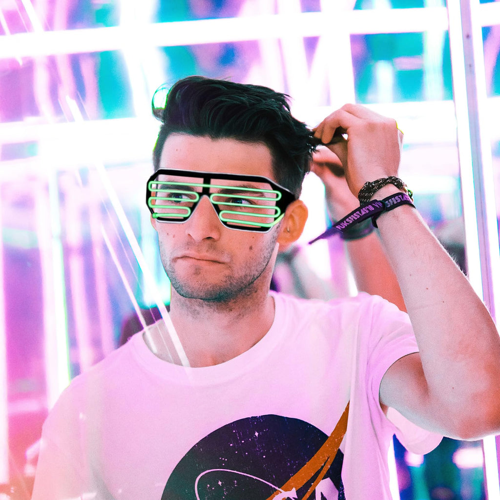 J&L Glasses LED Light Up Shutter Glasses EL Wire Neon Glasses Sound for Halloween Disco Bar Party (White,Green,Clear)