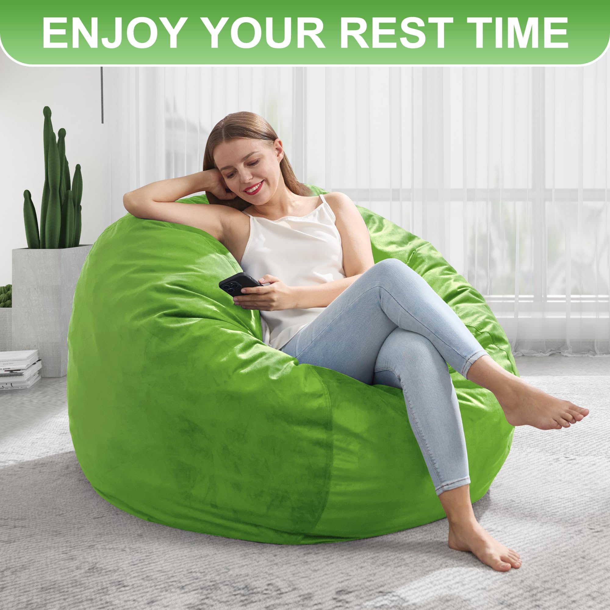 Bean Bag Chair Bean Bag Chairs for Adults Giant Bean Chairs with Velvet Cover, Large Bean Bag Chairs for Adults Beanbag Chair for Living Room, Bedroom (Lime, 3FT)
