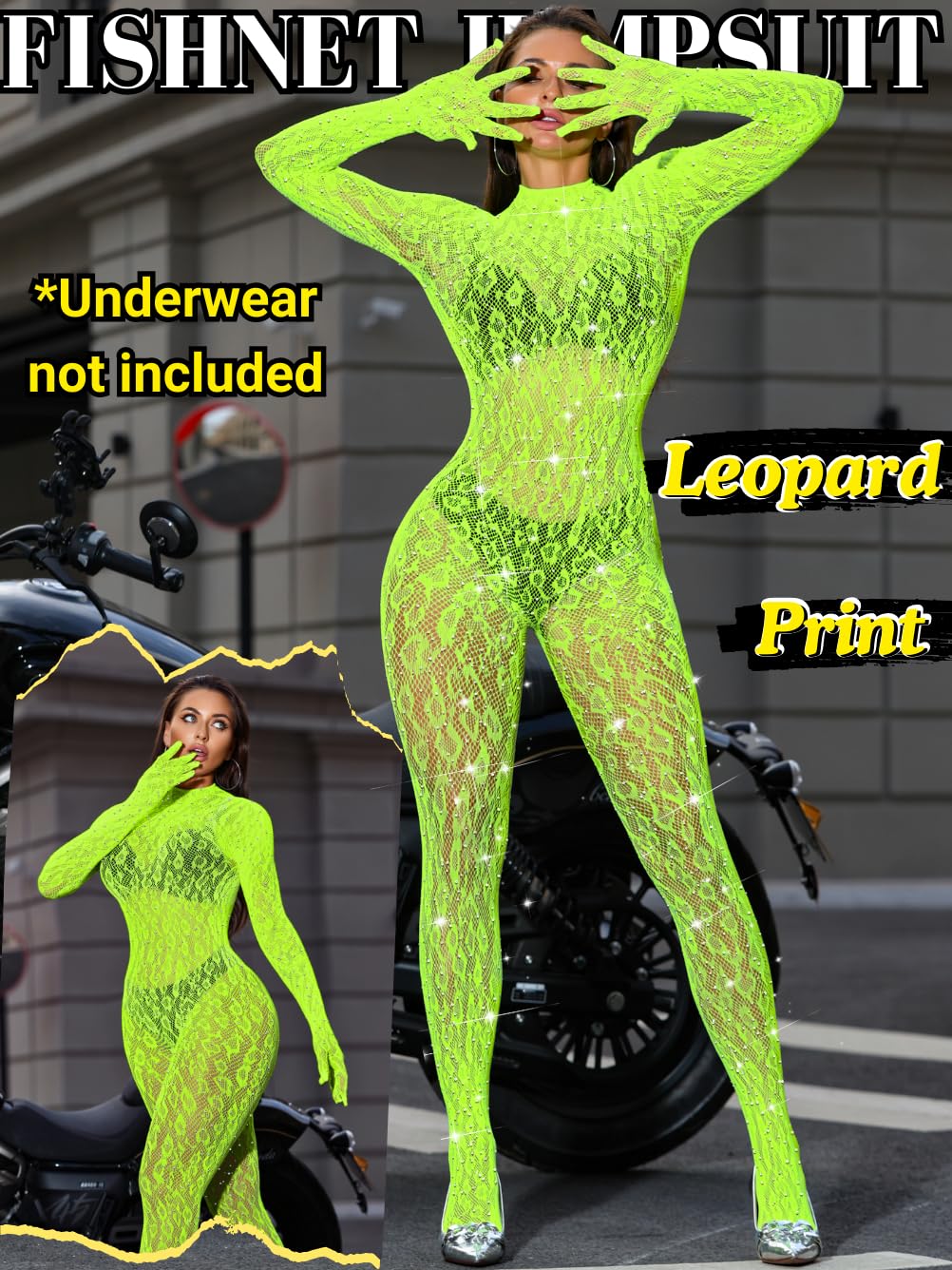 EHSUYAB Women Sexy Lace Jumpsuit, Leopard Fishnet Bodysuit Dancer Glow Rave Outfits, One Piece Mesh Full Rhinestone Lingerie, Neon Green, One Size