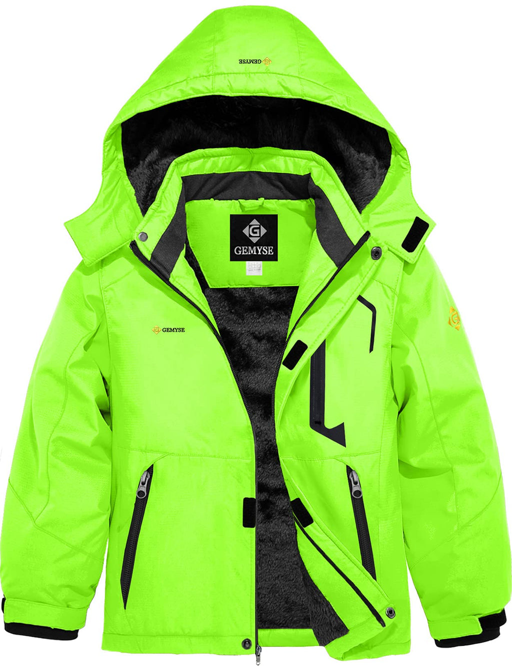GEMYSE Boy's Waterproof Ski Snow Jacket Hooded Fleece Windproof Winter Jacket(Fluorescent Green,10/12)