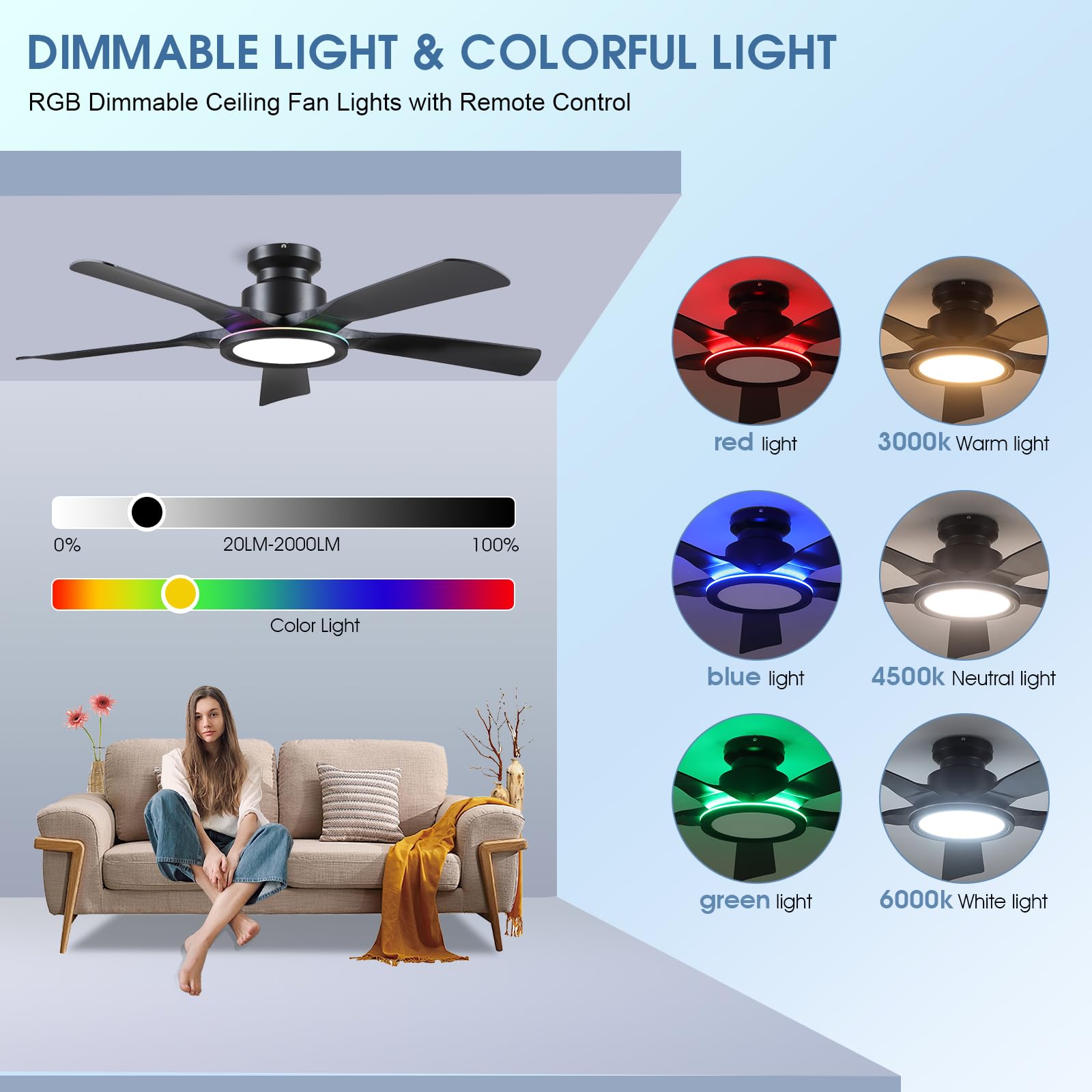 Ceiling Fans with Lights and Remote/APP Control, 52" Low Profile Flush Mount Ceiling Fan with RGB Ring Light & Dimmable, 5 Reversible Curved Blades 3 CCT 6 Speeds for Bedroom Living Room Party, Black