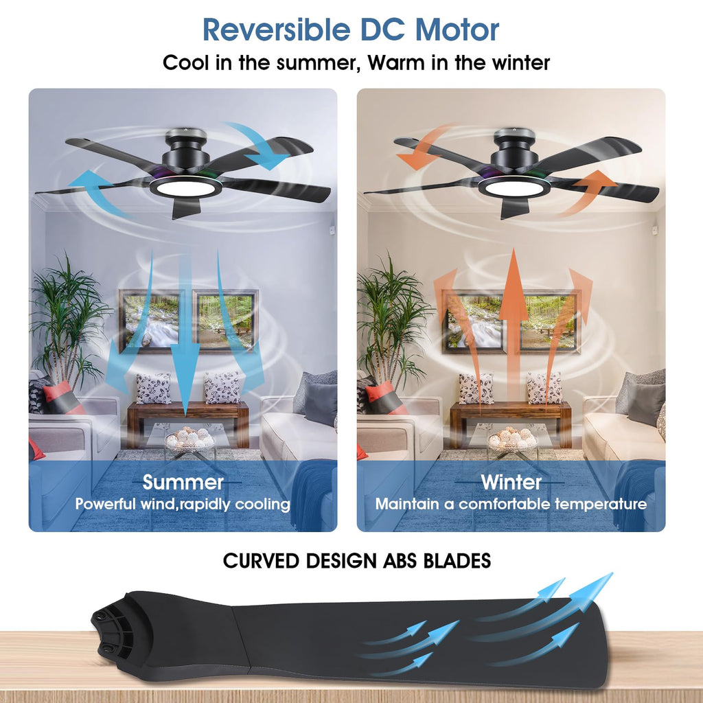 Ceiling Fans with Lights and Remote/APP Control, 52" Low Profile Flush Mount Ceiling Fan with RGB Ring Light & Dimmable, 5 Reversible Curved Blades 3 CCT 6 Speeds for Bedroom Living Room Party, Black