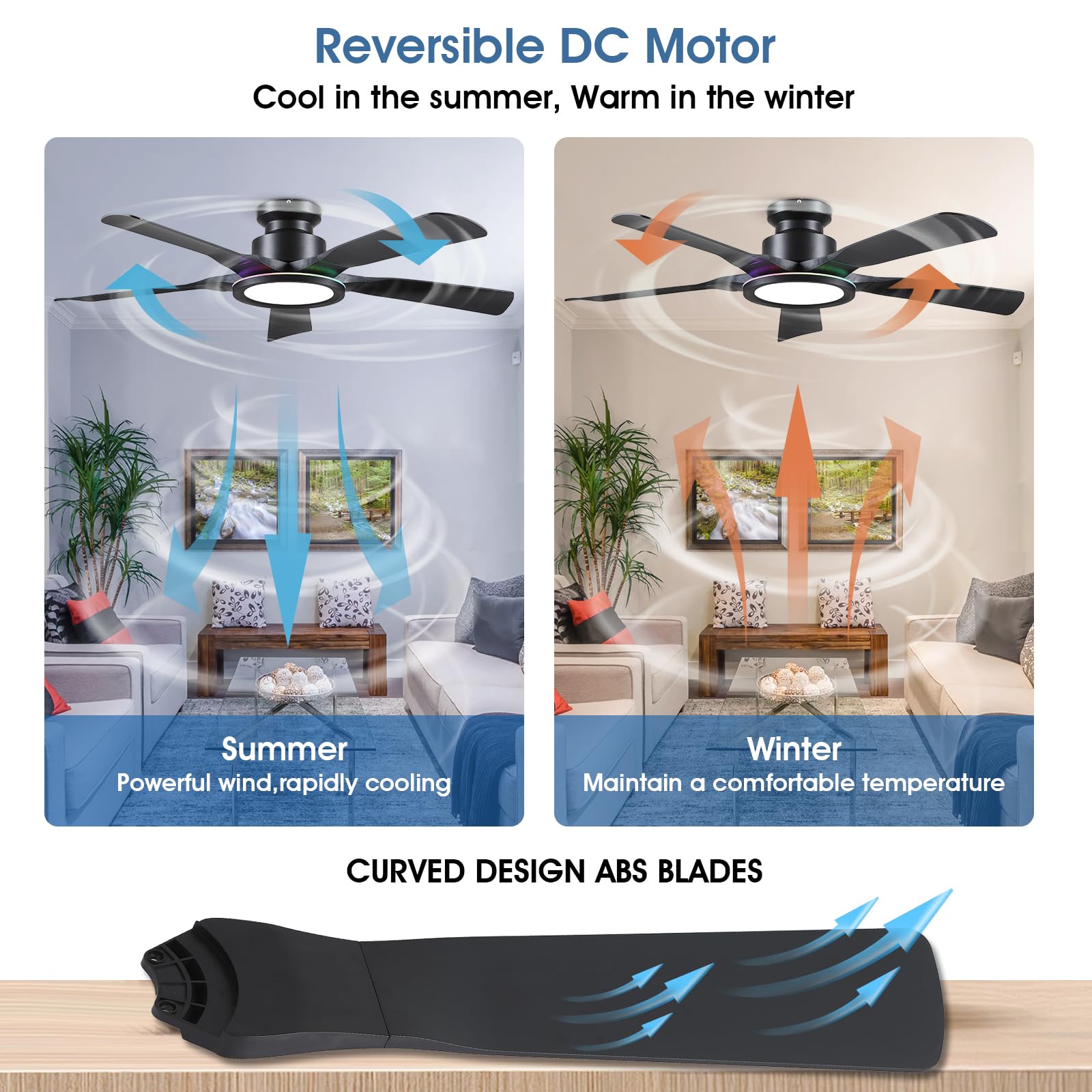 Ceiling Fans with Lights and Remote/APP Control, 52" Low Profile Flush Mount Ceiling Fan with RGB Ring Light & Dimmable, 5 Reversible Curved Blades 3 CCT 6 Speeds for Bedroom Living Room Party, Black