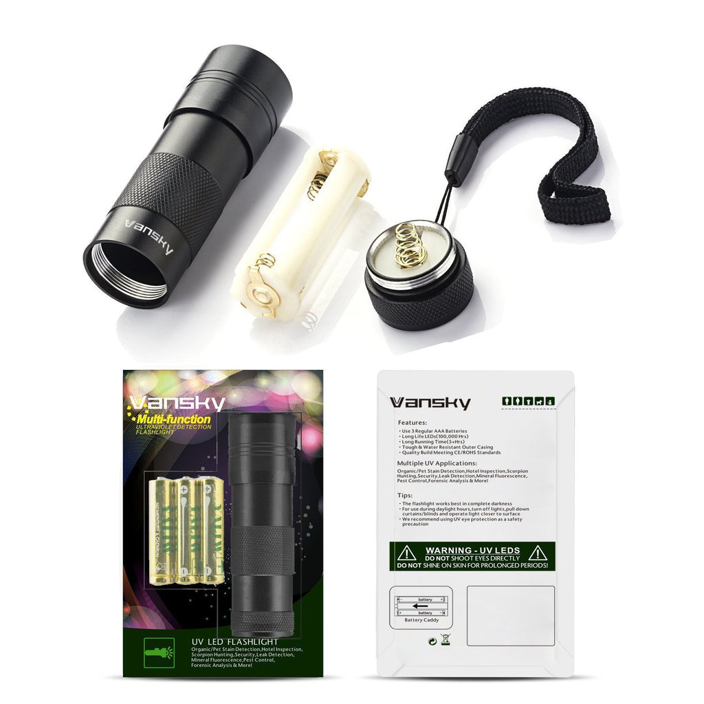 Vansky 12 LED UV Blacklight Flashlight, Pets Ultra Violet Urine and Stain Detector Fluorescent Whitening Agents Detector, Find Dry Stains on Carpets, Rugs, Floor (3 x AAA Batteries Included)