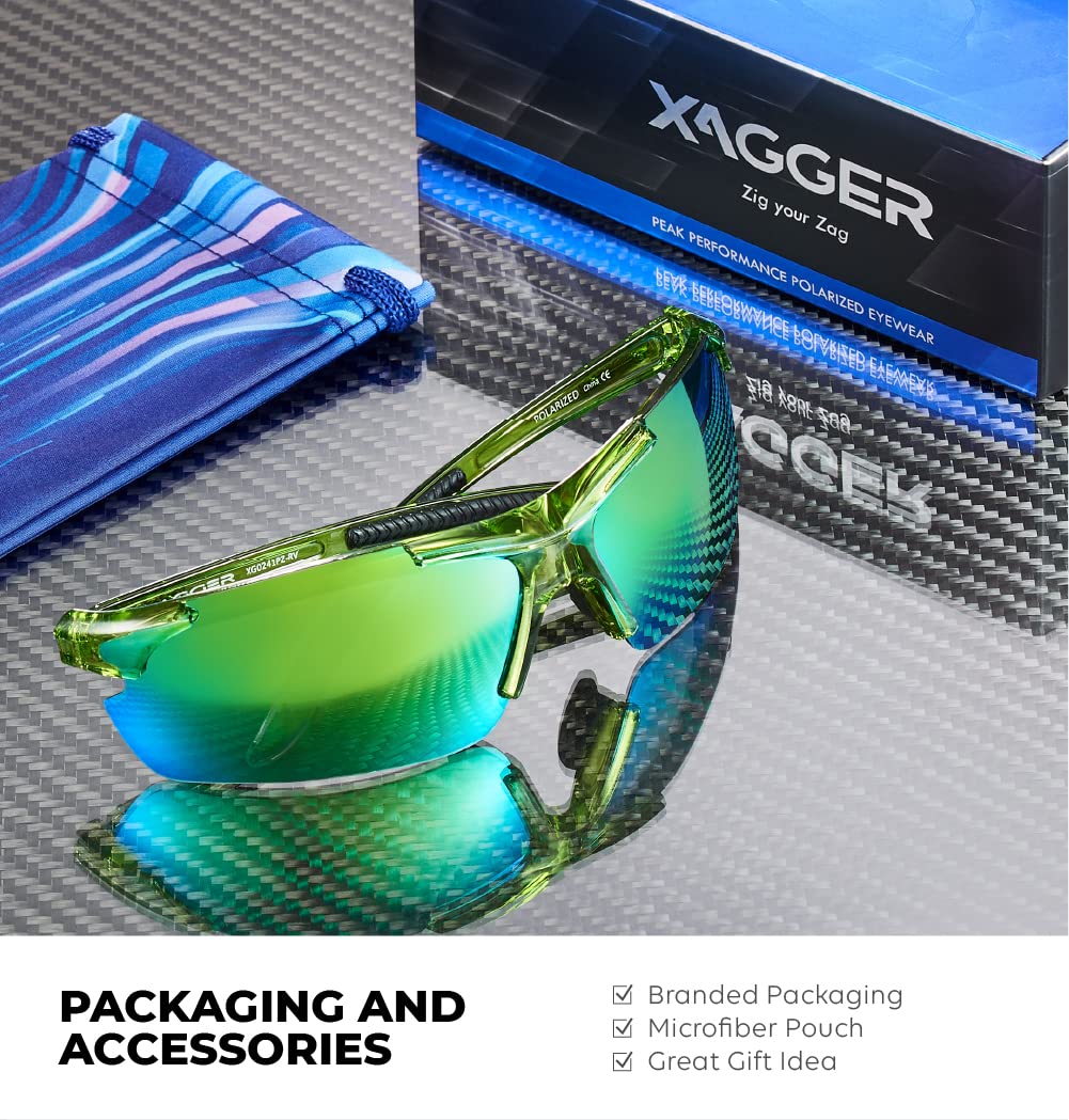 Xagger Polarized Sports Sunglasses for Men Women Wrap Around UV400 Running Baseball Softball Cycling Driving Glasses, Transparent Lime | Green Mirror, one size fits most