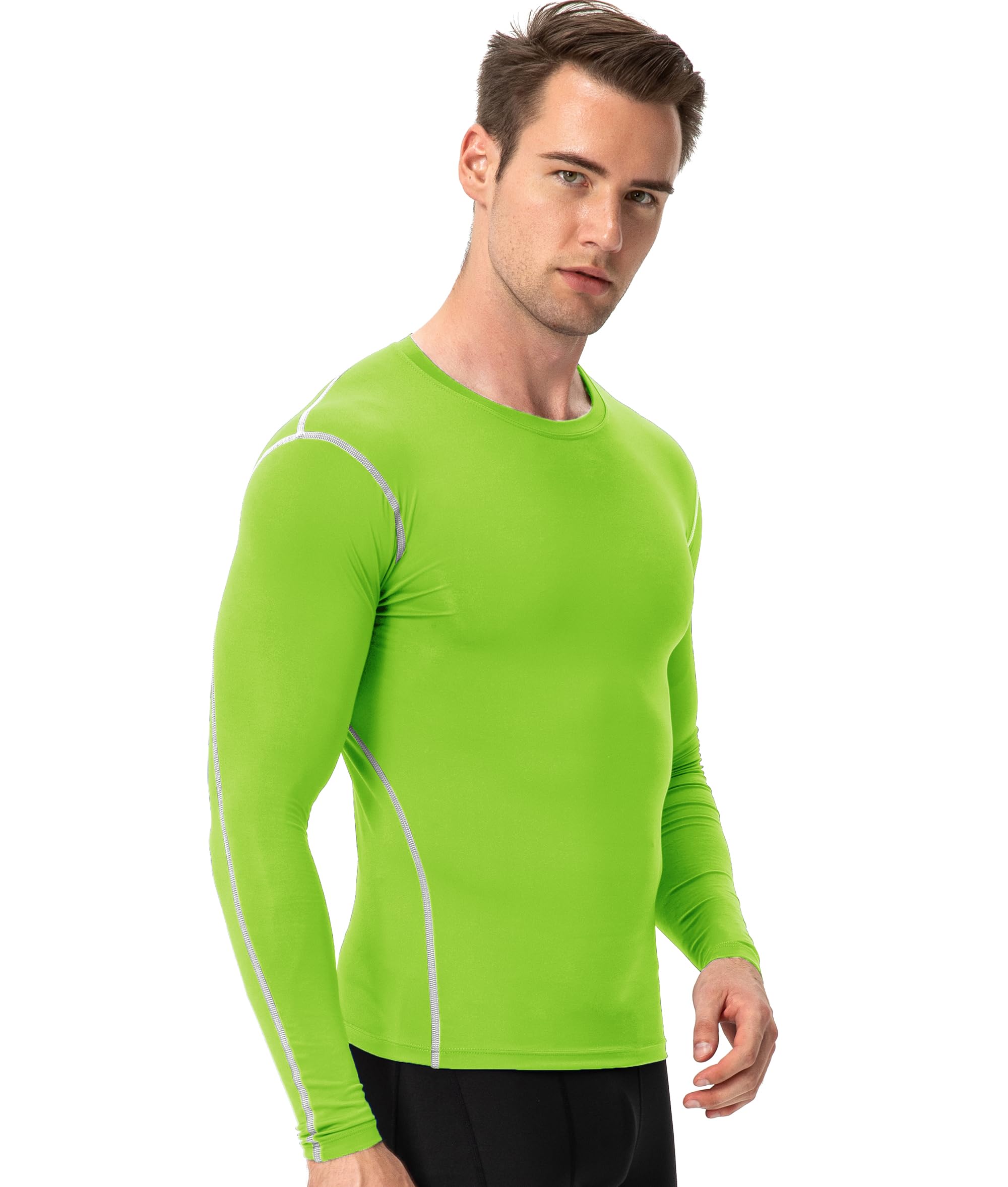 Men's Compression Shirt Long Sleeve Workout T Shirt Quick Dry Athletic Running Shirts Thermal Base Layer Top Undershirts, No.3 Neon Green, Small