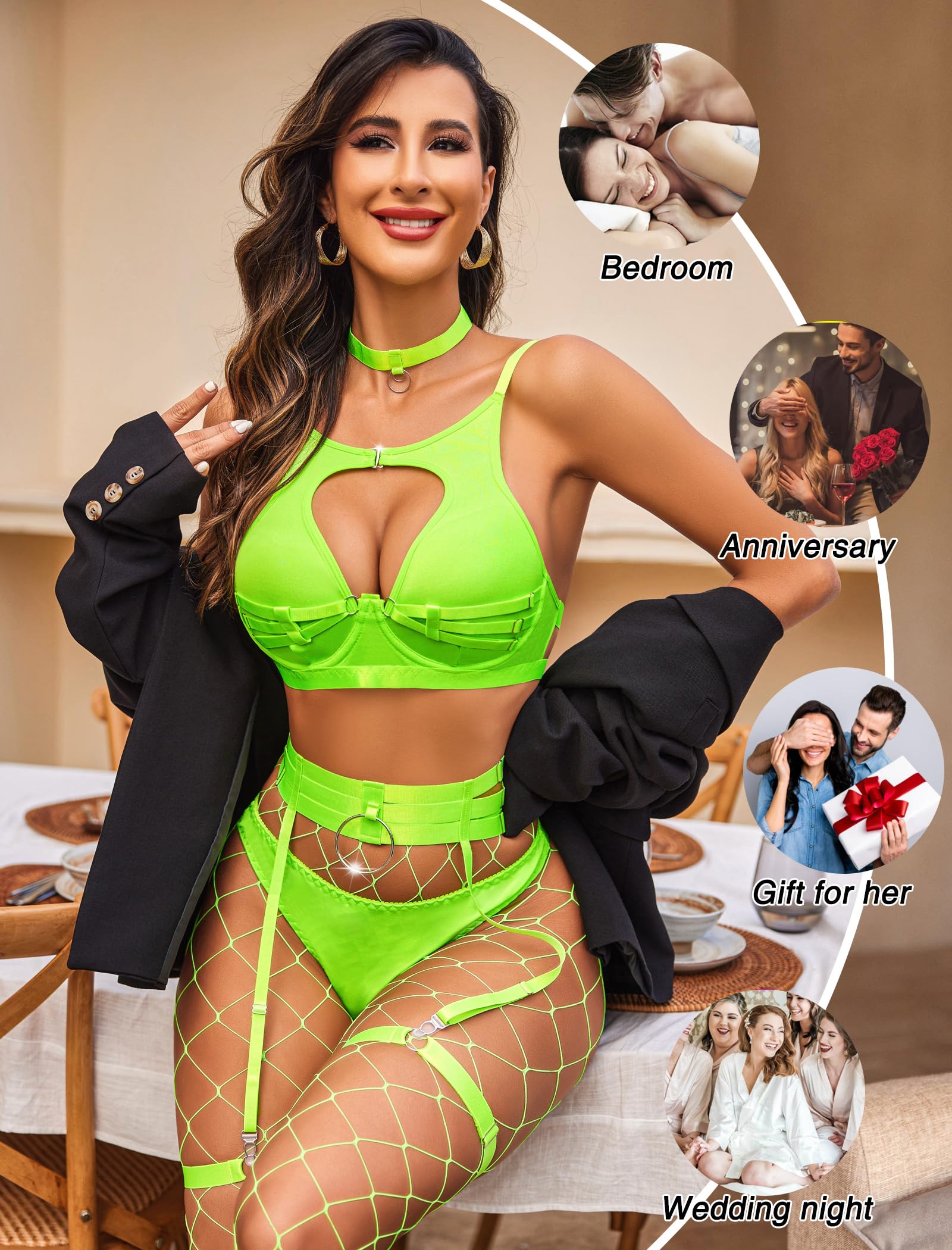 Avidlove Sexy Lingerie Set for Women with Underwire Push Up Garter Lingerie Set 5 Pcs Lingerie Set with Removeable Choker Neon Green