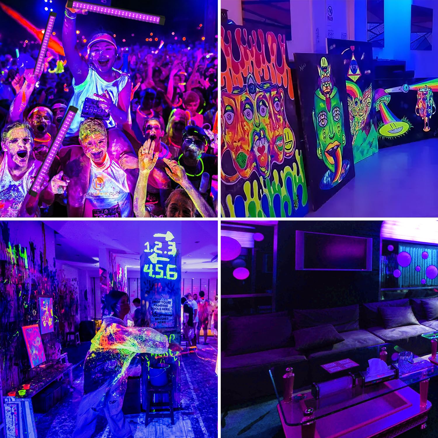 Rechargeable Black Light Bar 2 Packs, Battery Powered Black Lights for Glow Party, Cordless UV Strip Lights with On/Off/Dimma/Flash Switch, for Classroom Fishing,Paint, Poster,Stage