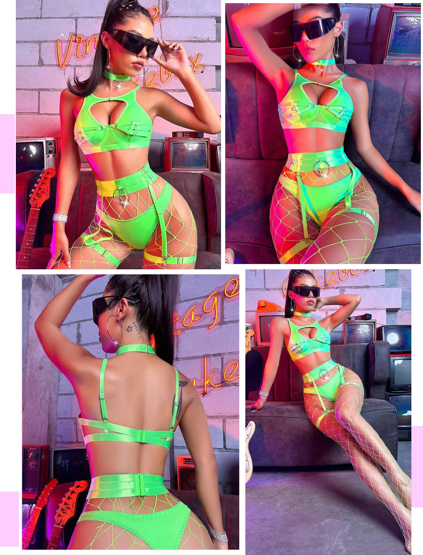 Avidlove Sexy Lingerie Set for Women with Underwire Push Up Garter Lingerie Set 5 Pcs Lingerie Set with Removeable Choker Neon Green