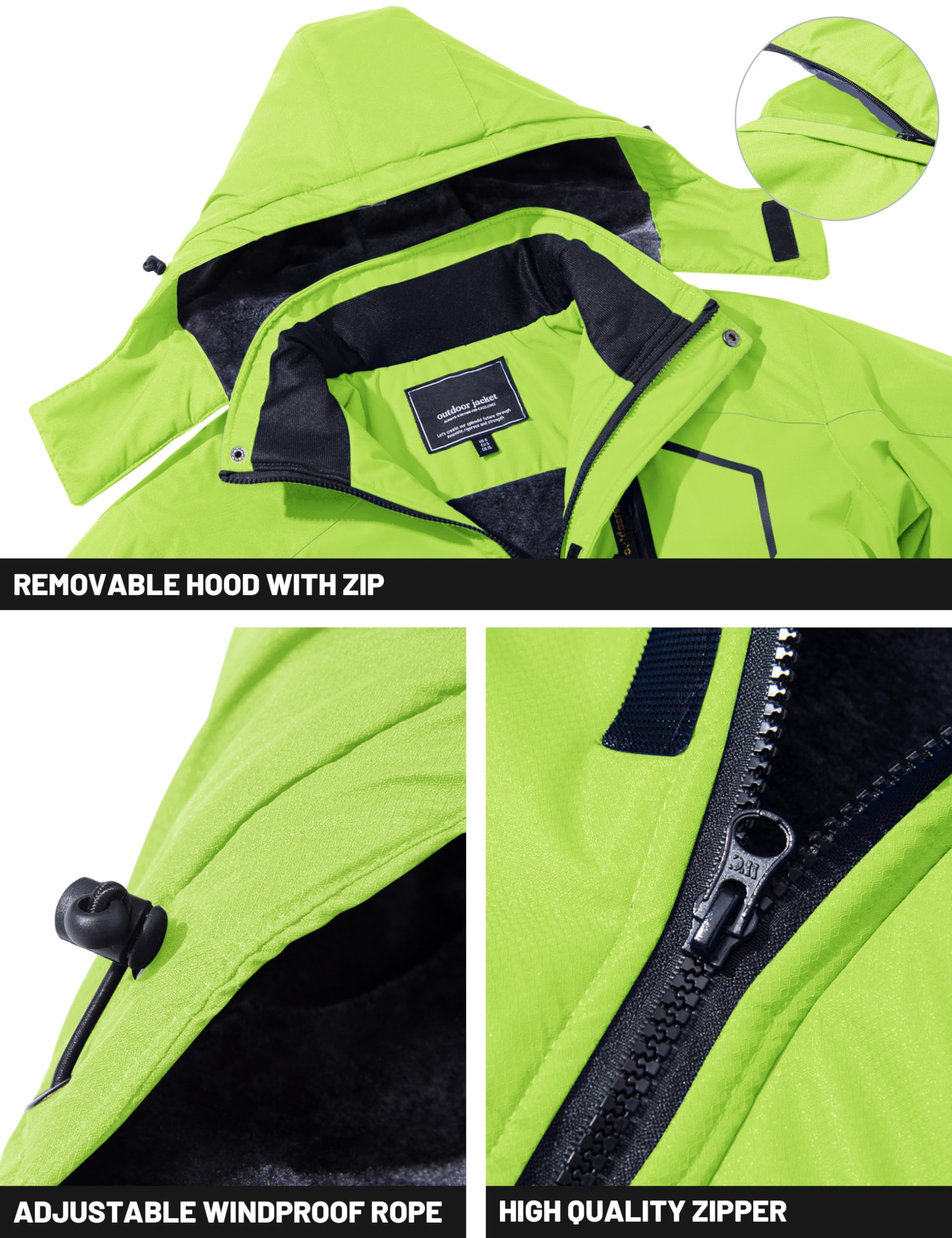 TACVASEN Mens Winter Jacket Warm Hooded Jacket for Men Ski Jacket Fleece Lined Snow Jacket for Men Parka Coat Bright Green, XL