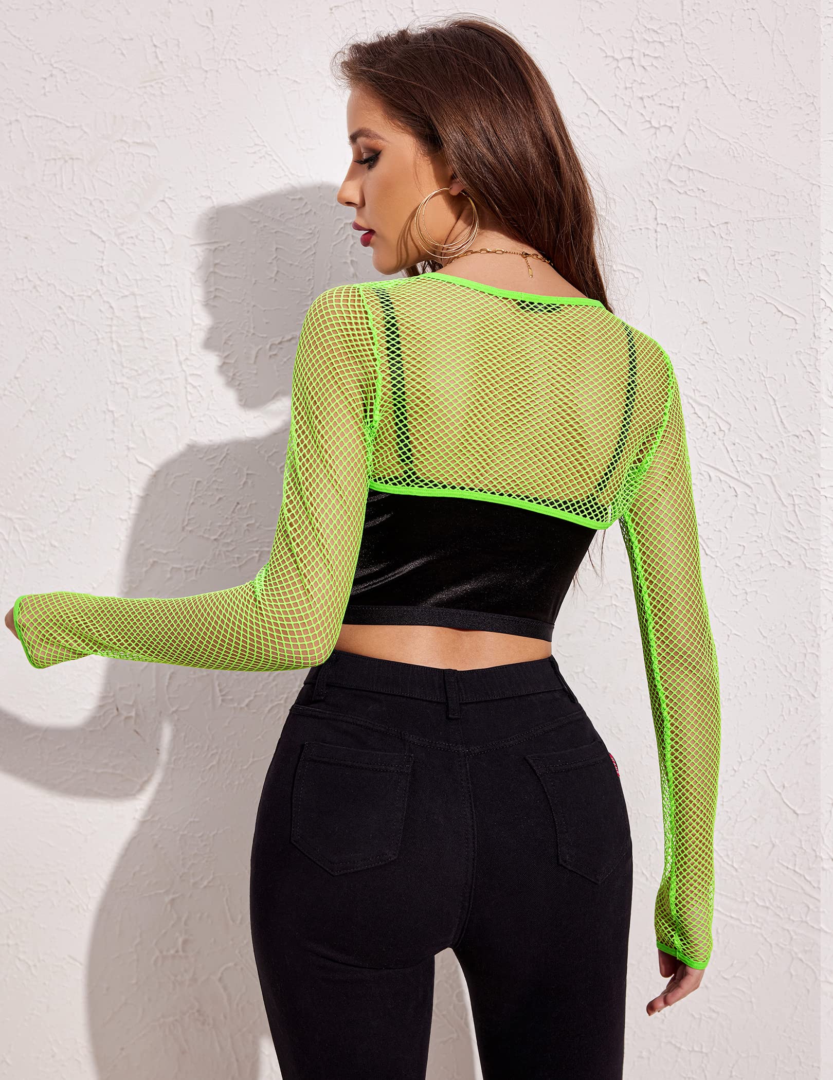 Avidlove Sexy Crop Top Neon Green Fishnet Top Backless Long Sleeve Shirt Neon Green L