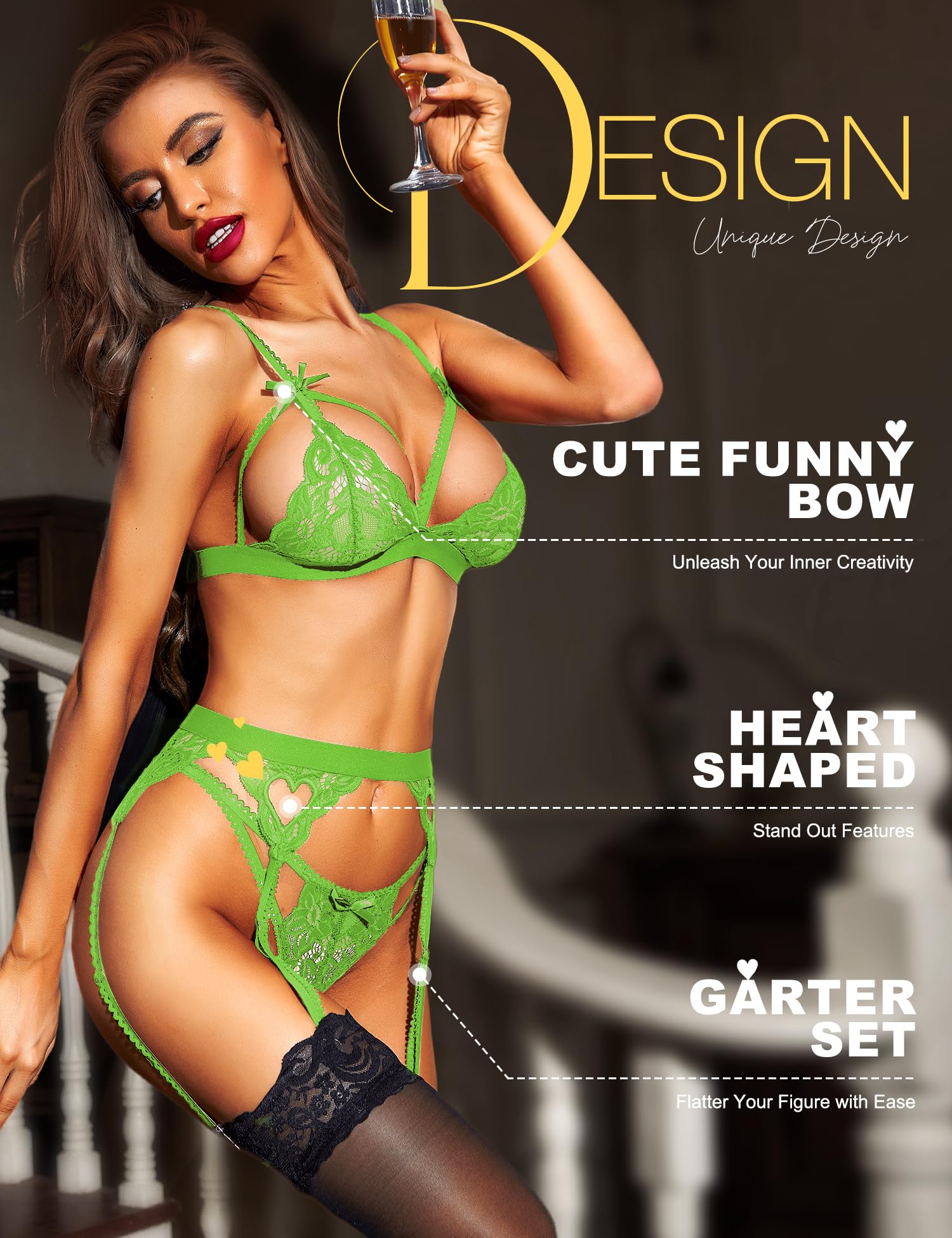 RSLOVE Garter Lingerie for Women Sexy Lingerie Sets Lace Bra and Panty 3 Pieces Babydoll Neon Green S