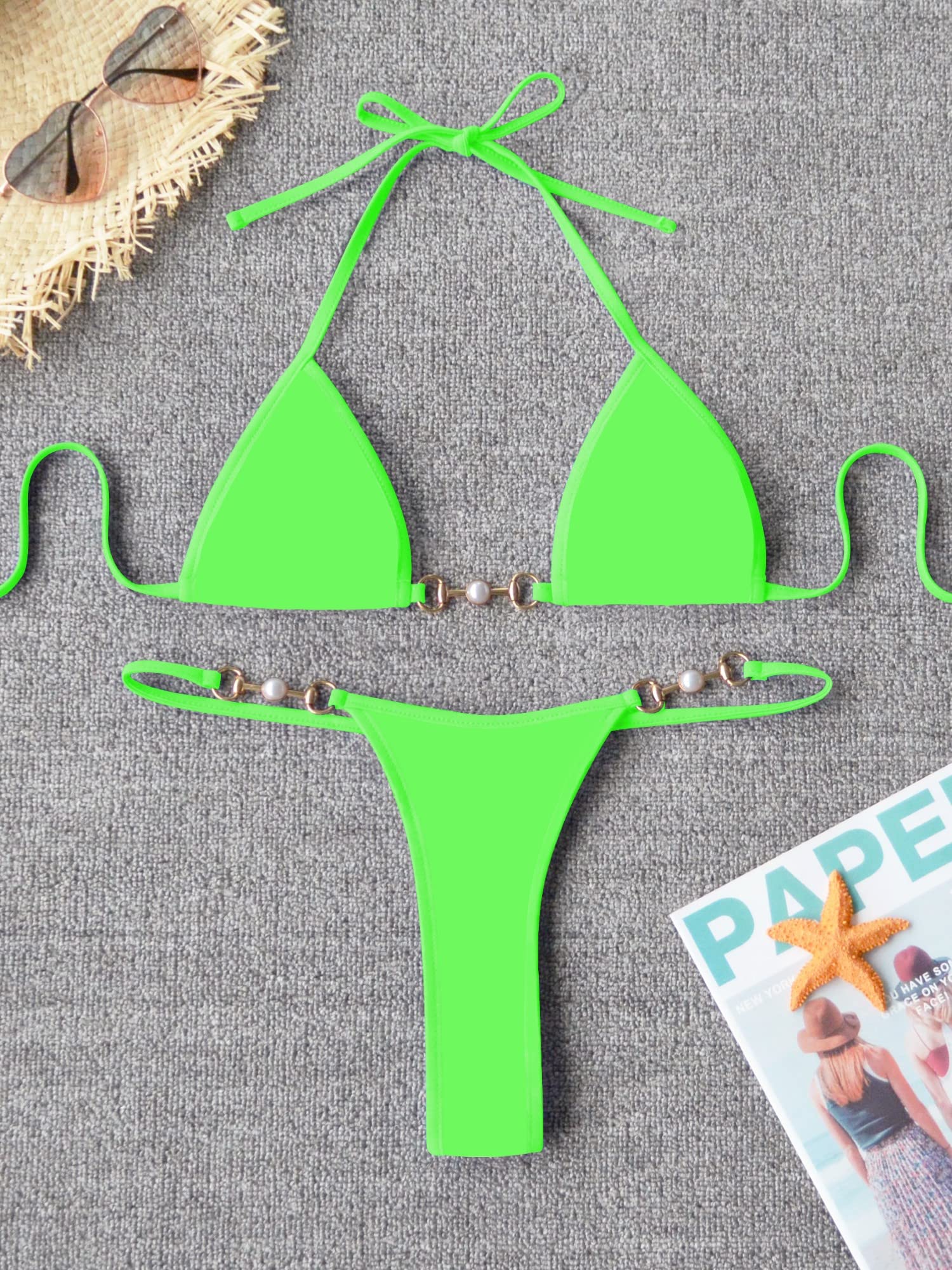 TASHEHE Women's Triangle Bikini Set Sexy Brazilian Two Piece Swimsuit Cute Bathing Suit, Neon Green, Small