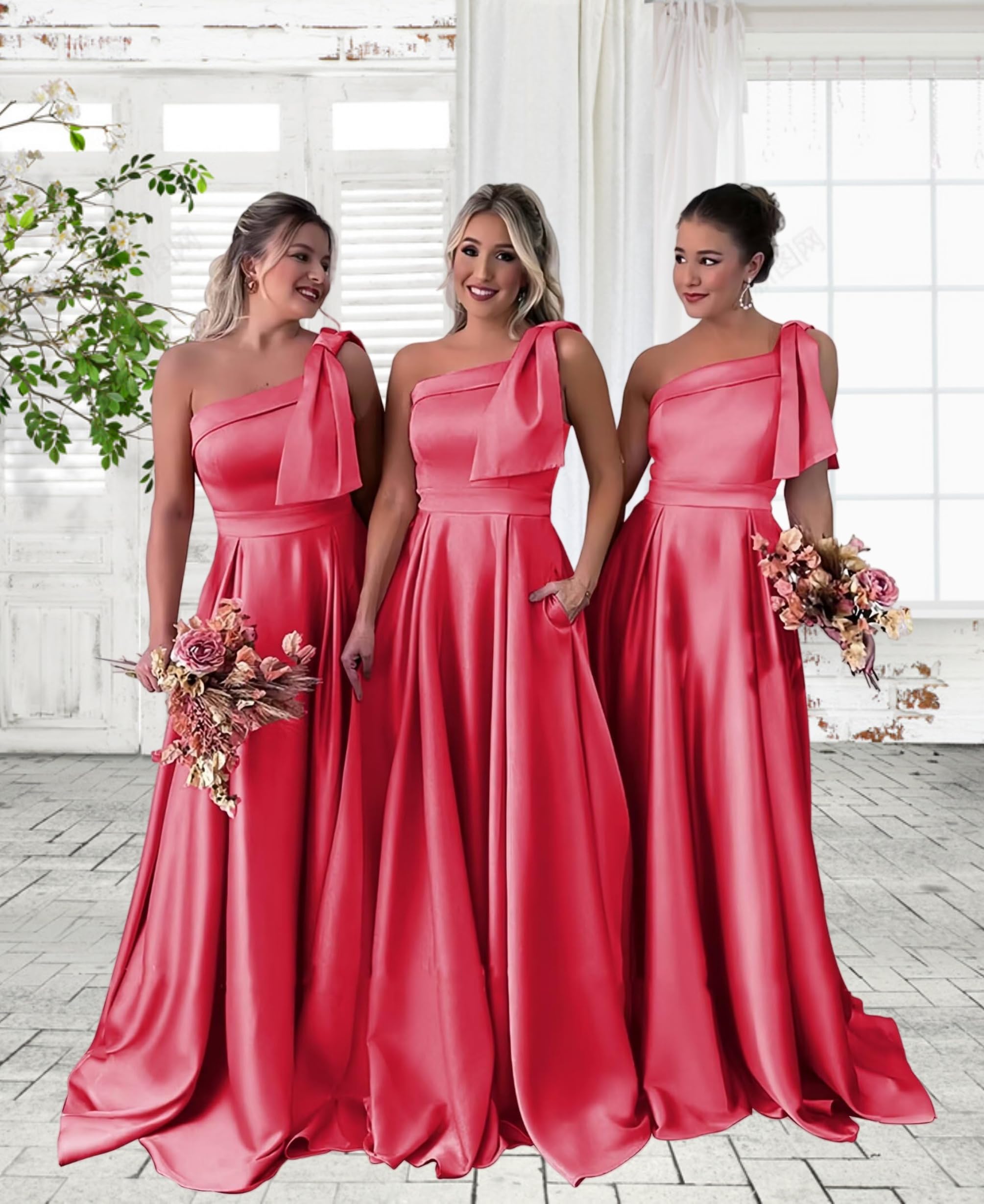 Neejafrog One Shoulder Bridemaid Dresses for Wedding Satin Prom Dresses with Bow Long Formal Evening Gowns with Pockets, Green, 2