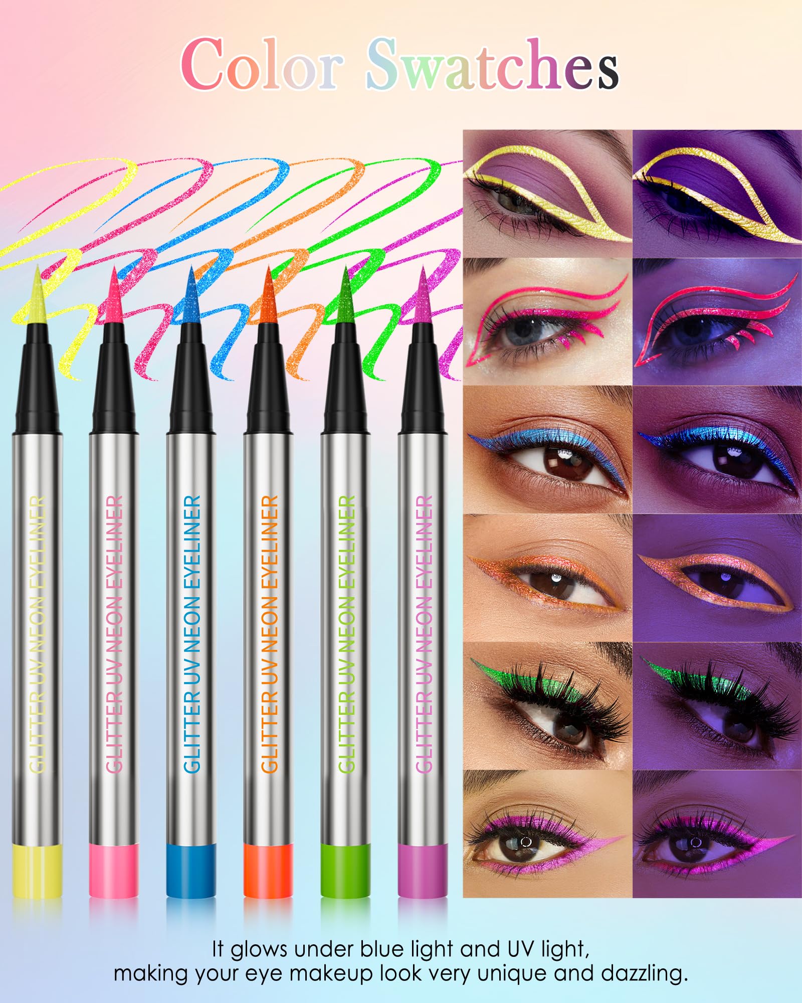 Glitter UV Neon Eyeliner Pencil, Waterproof Smudge-Proof Green Eye Liner Liquid Pen, High-Pigment Shimmer Eyeliner Pen Long-Lasting Colorful Professional Makeup, Halloween Rave Party Gift for Women-05