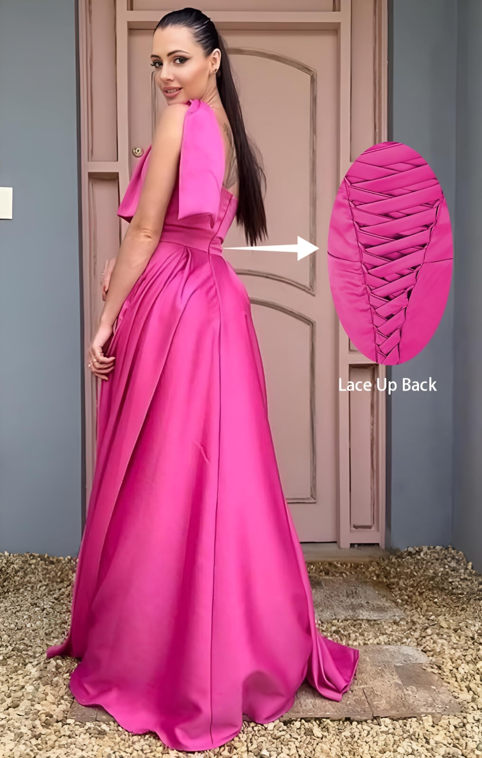 Neejafrog One Shoulder Bridemaid Dresses for Wedding Satin Prom Dresses with Bow Long Formal Evening Gowns with Pockets, Green, 2