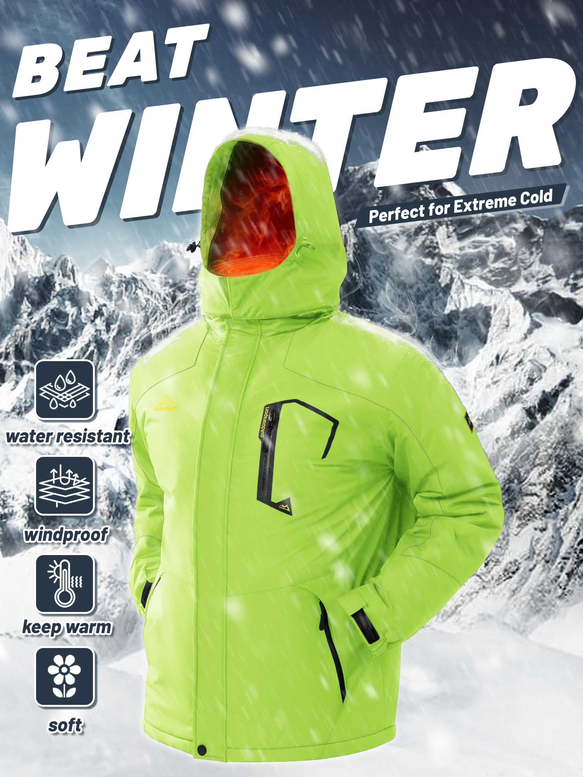 TACVASEN Mens Winter Jacket Warm Hooded Jacket for Men Ski Jacket Fleece Lined Snow Jacket for Men Parka Coat Bright Green, XL