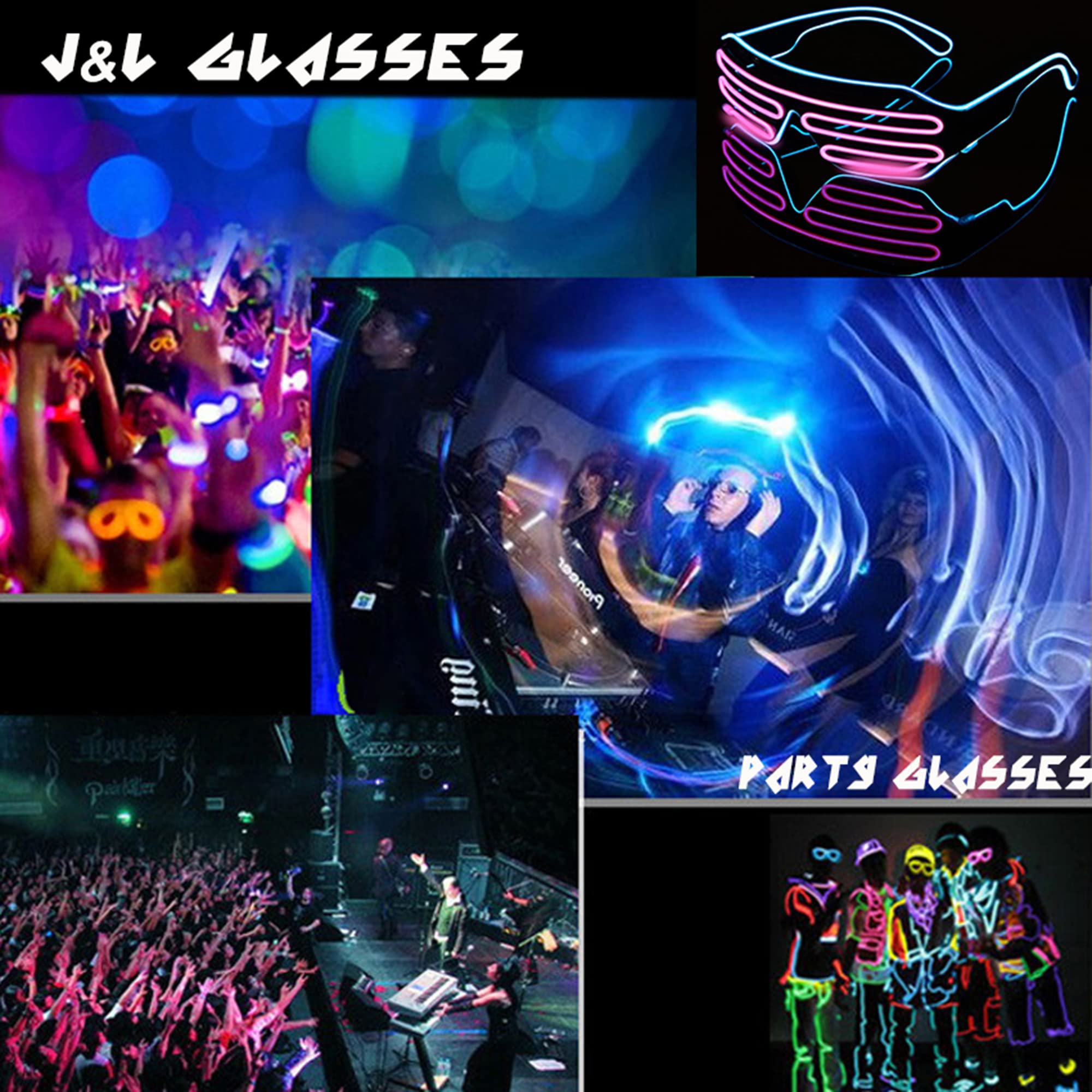 J&L Glasses LED Light Up Shutter Glasses EL Wire Neon Glasses Sound for Halloween Disco Bar Party (White,Green,Clear)