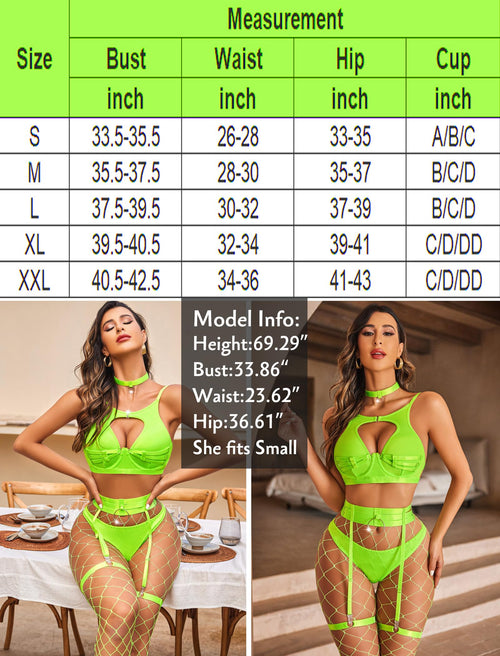 Avidlove Sexy Lingerie Set for Women with Underwire Push Up Garter Lingerie Set 5 Pcs Lingerie Set with Removeable Choker Neon Green