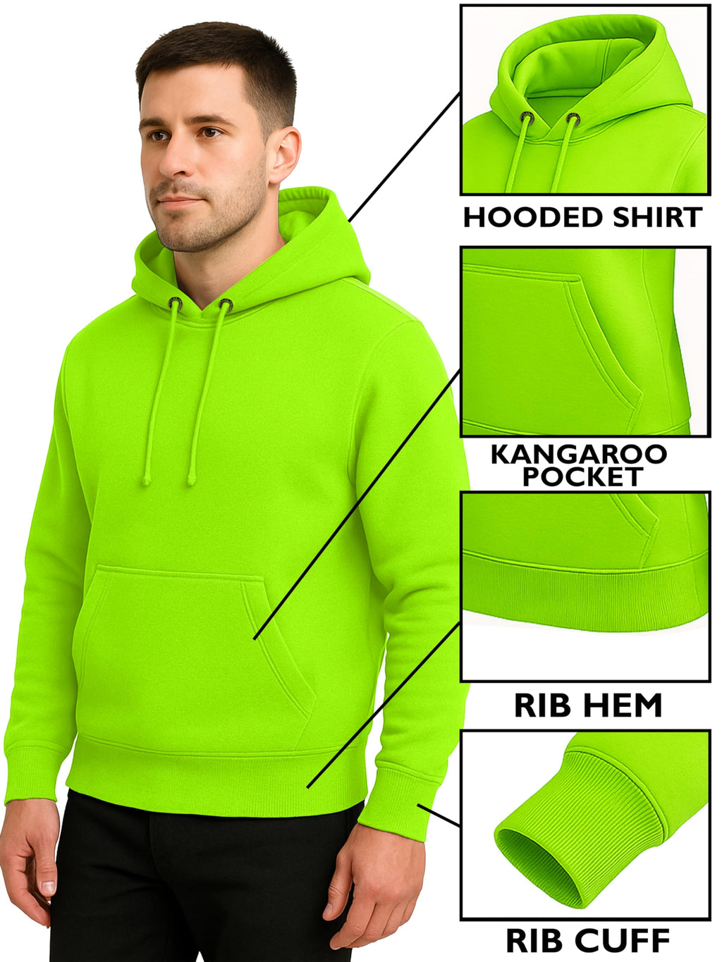 URBAN BUCK Mens Neon Hooded Pullover Sweatshirt Casual Long Sleeves High Visibility Lightweight Athletic Green Fleece Hoodie (L)