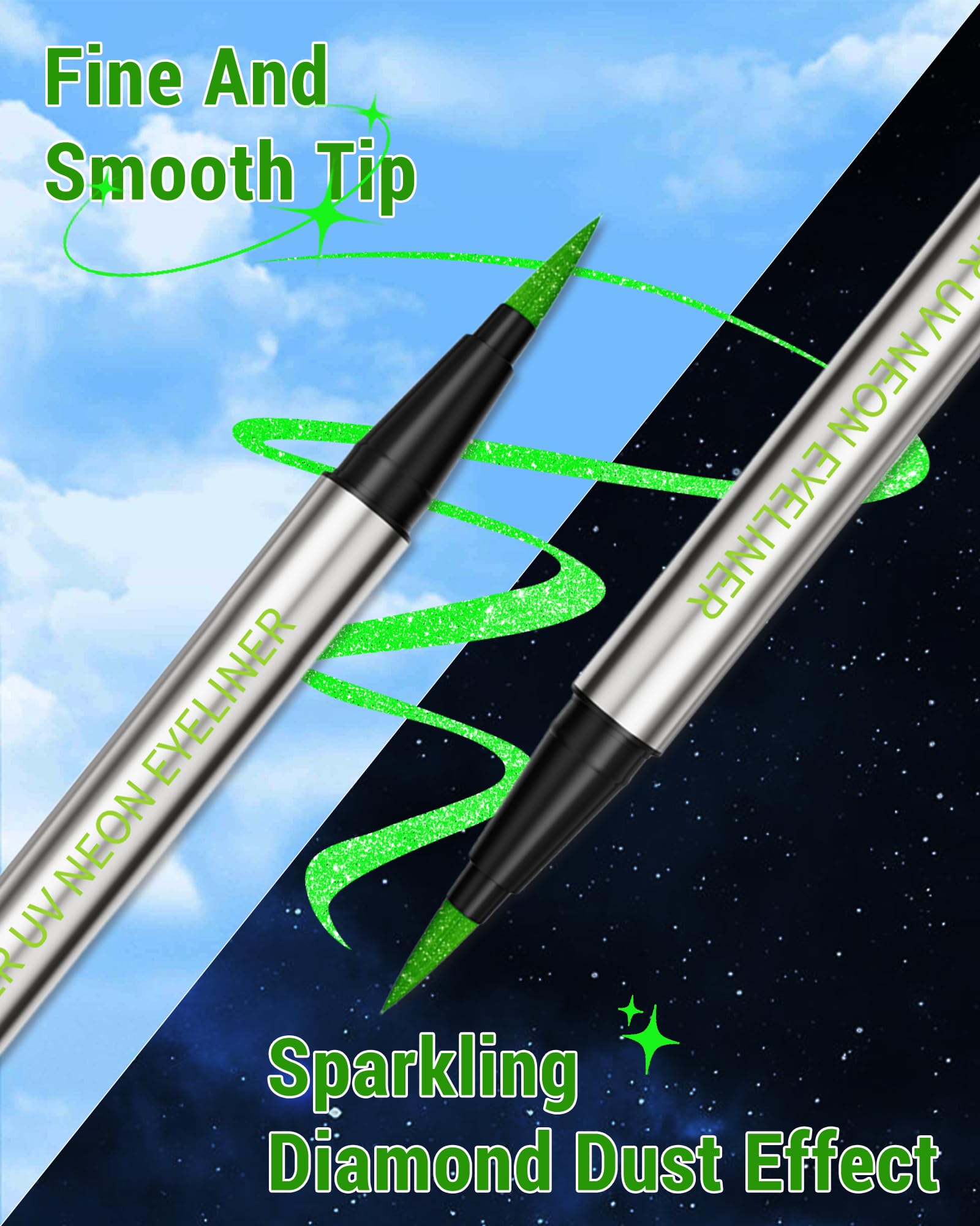 Glitter UV Neon Eyeliner Pencil, Waterproof Smudge-Proof Green Eye Liner Liquid Pen, High-Pigment Shimmer Eyeliner Pen Long-Lasting Colorful Professional Makeup, Halloween Rave Party Gift for Women-05