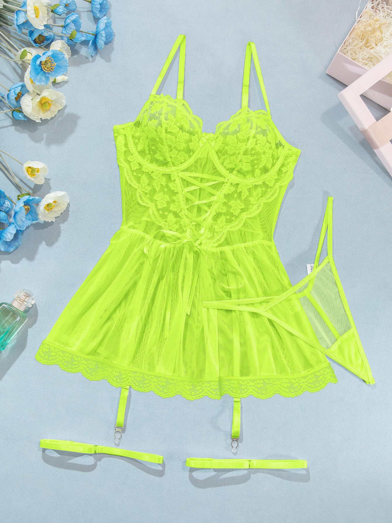 Lilosy Sexy Garter Belt Mesh Lace Babydoll Lingerie Dress Set with Thong, Neon Green, Medium
