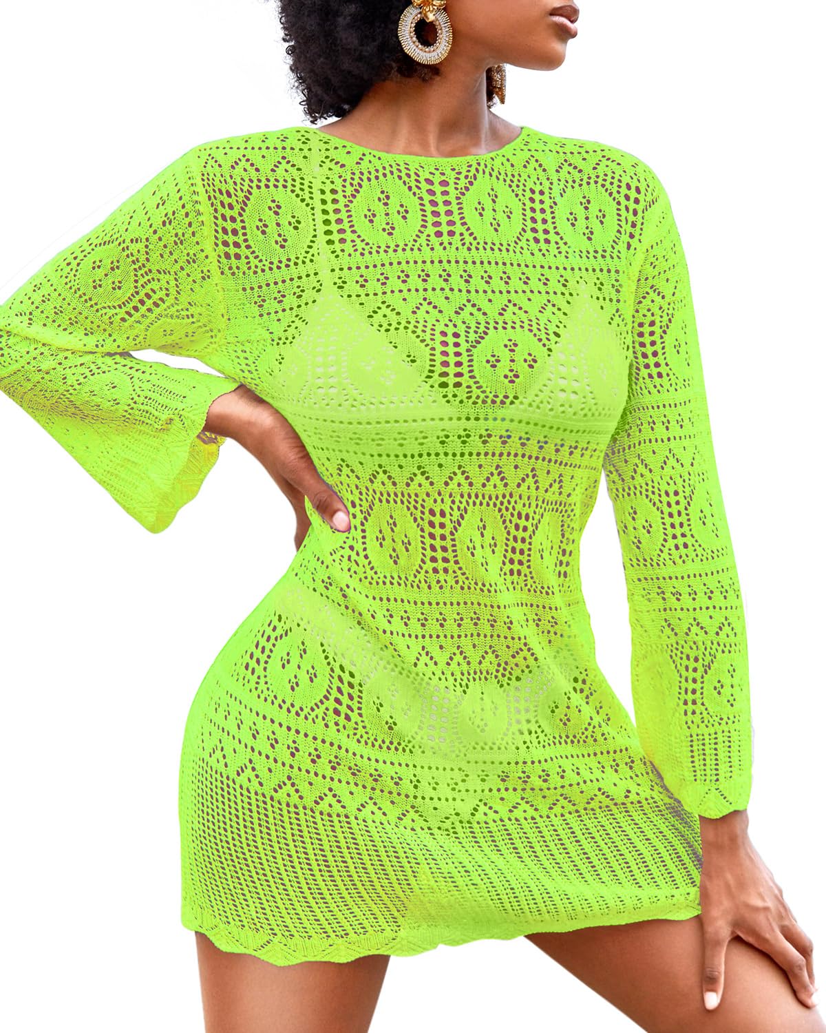 Talisea Women's Crochet Swimsuit Cover Up Long Sleeve Bikini Coverups Swimwear Mesh Knit Beach Dress 2024, Neon Green, Large