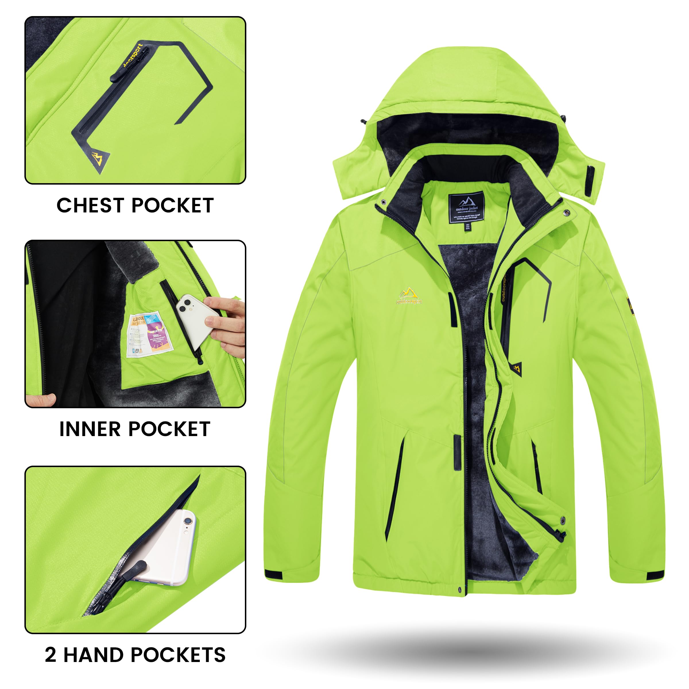 TACVASEN Mens Winter Jacket Warm Hooded Jacket for Men Ski Jacket Fleece Lined Snow Jacket for Men Parka Coat Bright Green, XL