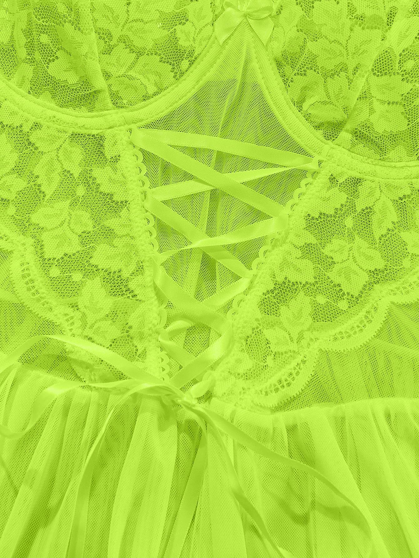 Lilosy Sexy Garter Belt Mesh Lace Babydoll Lingerie Dress Set with Thong, Neon Green, Medium
