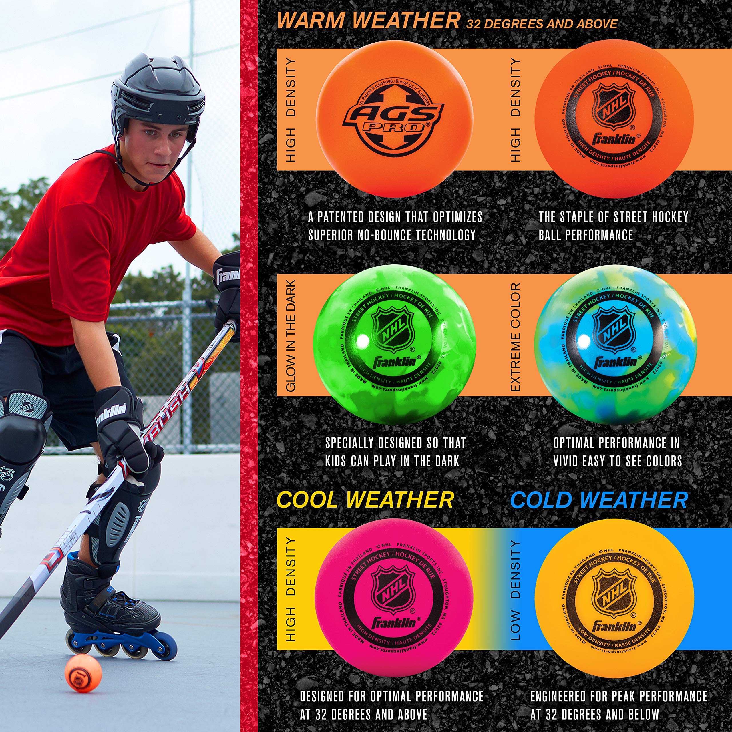 Franklin Sports NHL Street Hockey Balls - No Bounce Outdoor Street + Roller Hockey Balls - Official Size - 1 Pack - Glow in The Dark